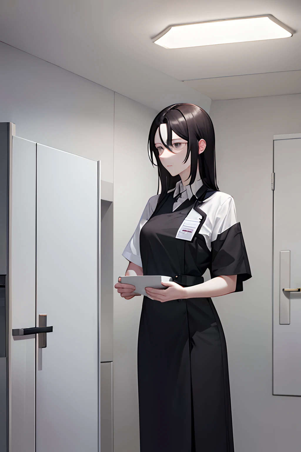 Black hair, shoulder length hair, black eyes, pale skin, nursing doctor attire, neutral facial expression, standing in a morgue, simplistic design