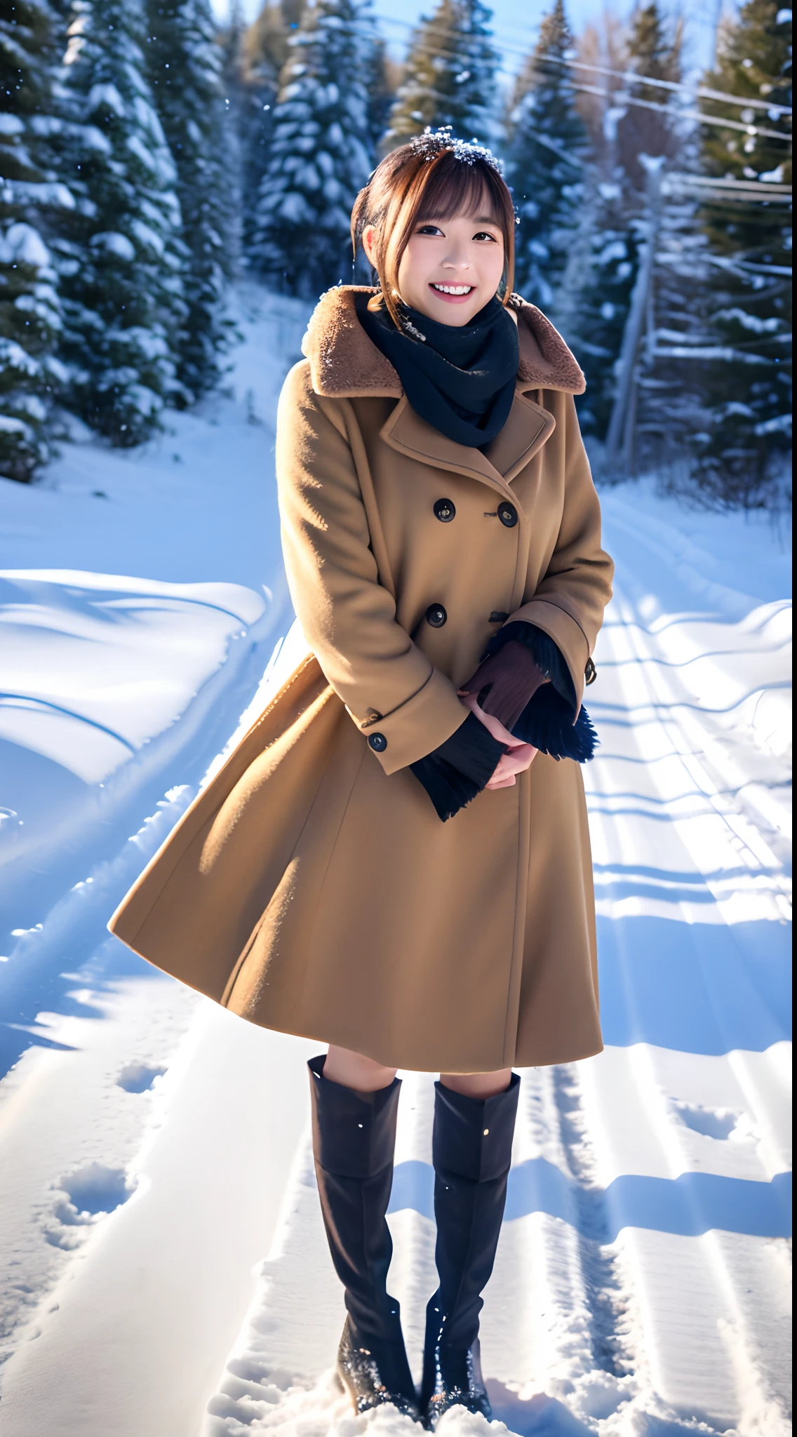 masutepiece、ultra-detailliert、Best Quality、Woman in long coat and miniskirt standing in the snow.、A smile