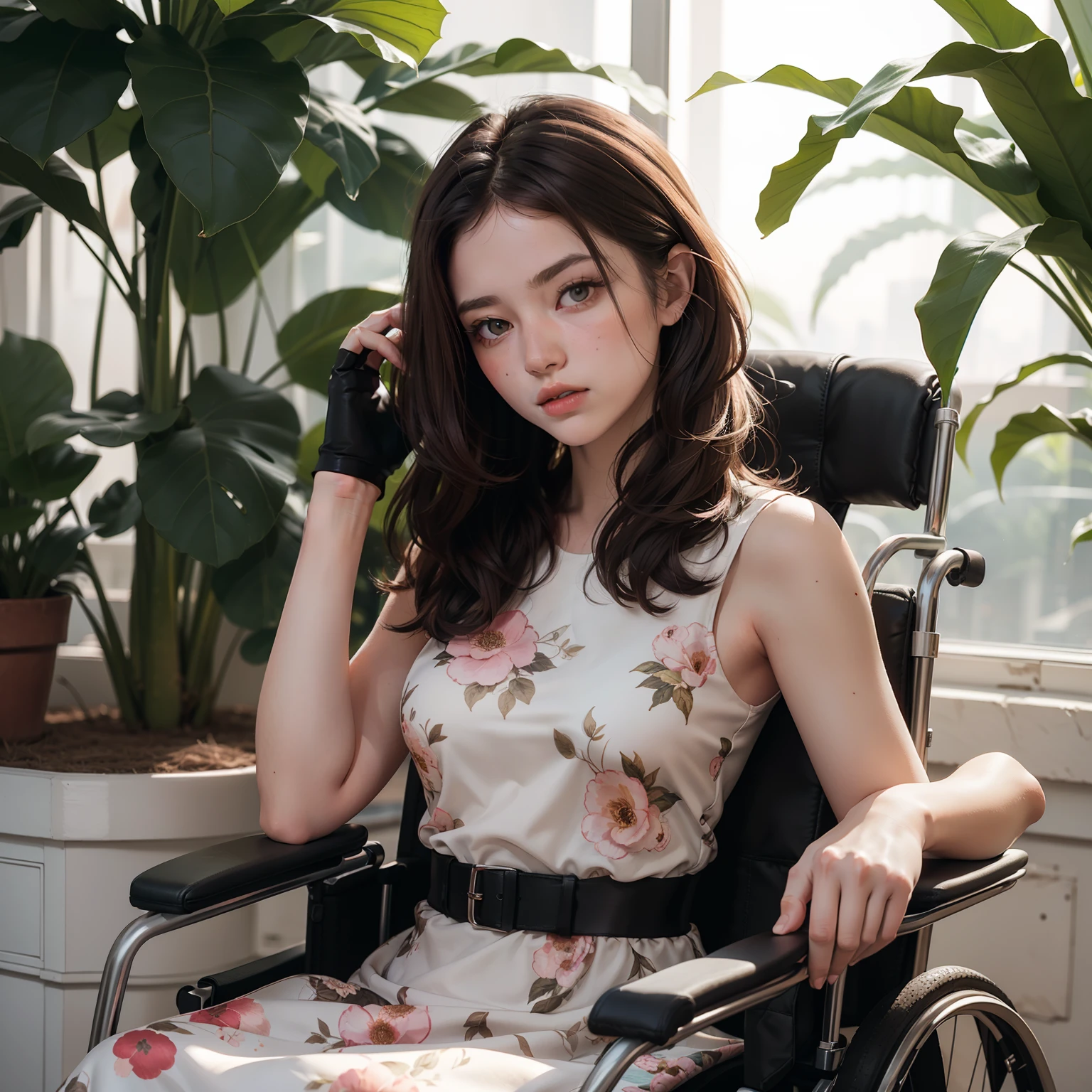 (Slender woman with round face and brown hair sitting in a wheelchair: 1.8) (She wears a floral dress、Sitting in a wheelchair with a large backrest: 1.7) (She wears black open-finger gloves: 1.8) (Upper body visible, He looks a little troubled: 1.6)