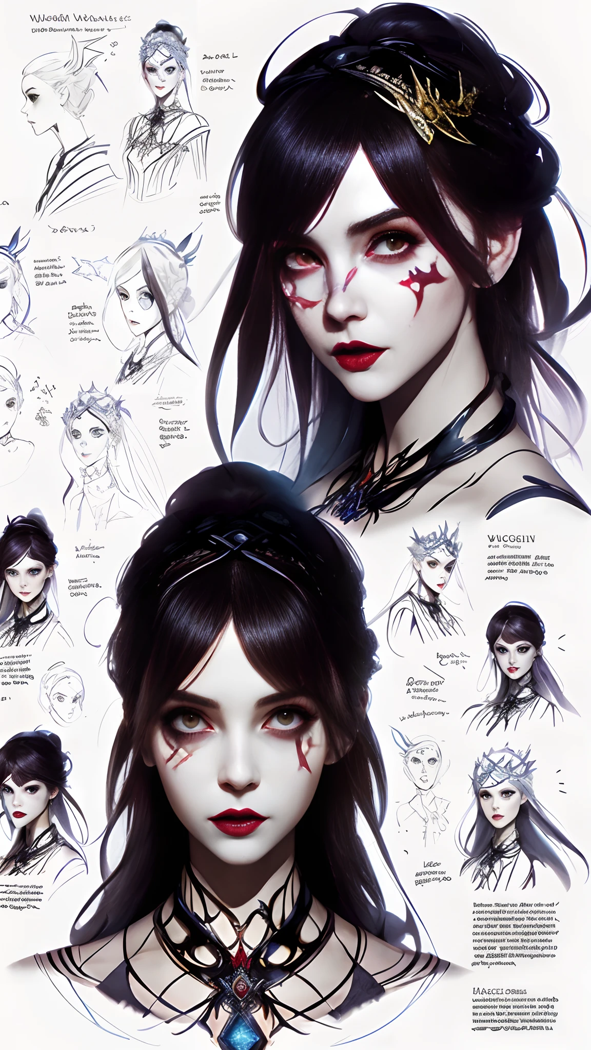 Alice Madness Returns, Alice's Adventures in Wonderland, fairy core, gothic references, anime, strong facial expression, A page from Fashion magazine, dimensional multilayering, concept art, color sketch, marked drawing, Whole body fashion sketch, labeled diagram details, kawacy, abigail larson, sergey musin