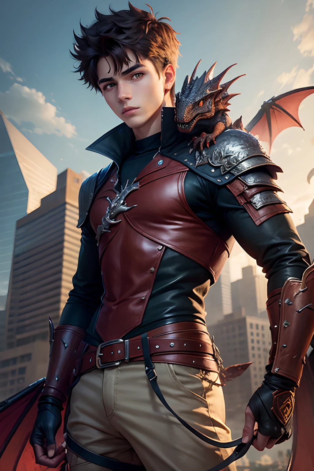 Teen man with real dragon on his shoulder. --auto
