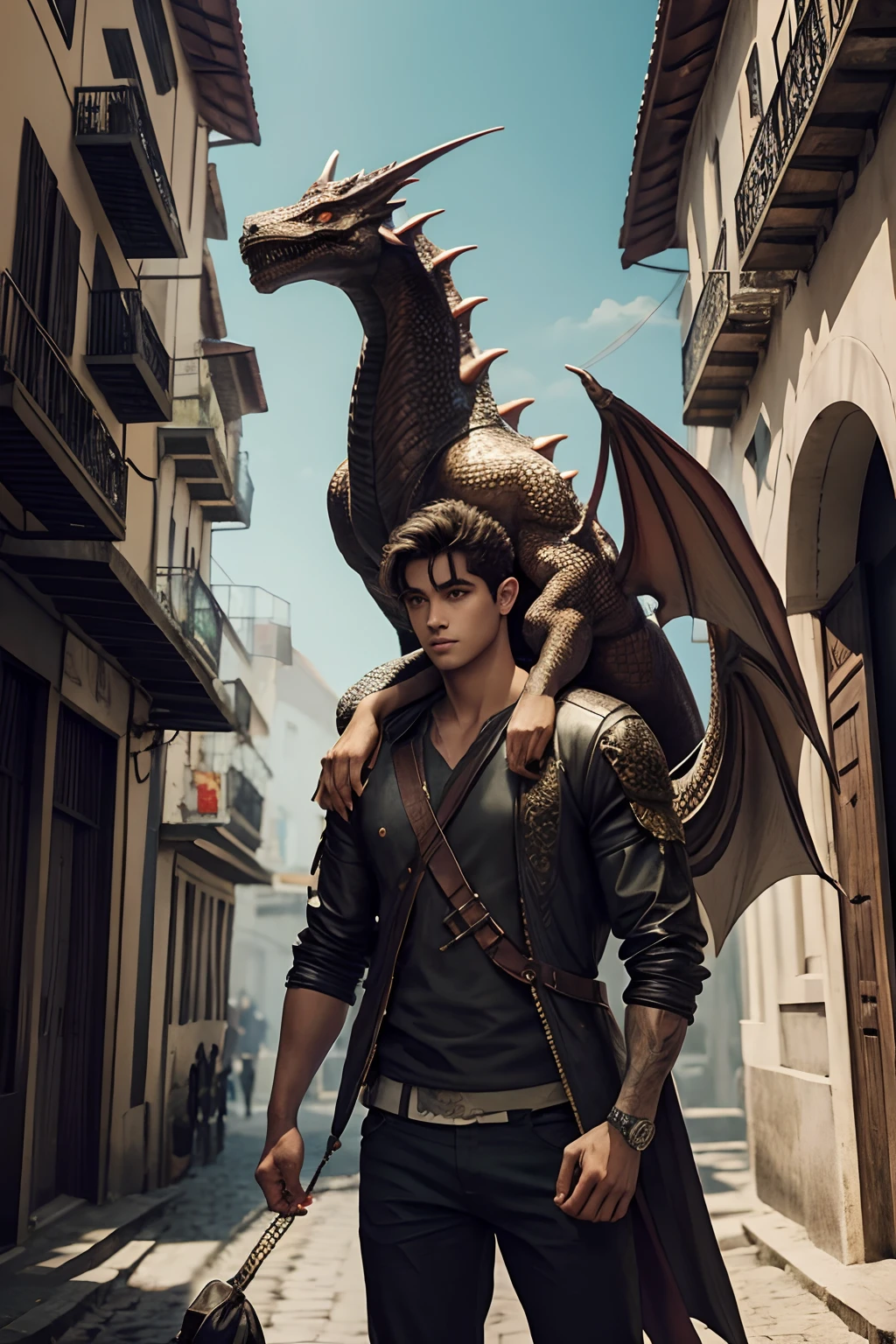 Boy with real dragon on his shoulder. Em meio ao centro da cidade. Arte em estilo Guviz, stunning digital illustration. --auto