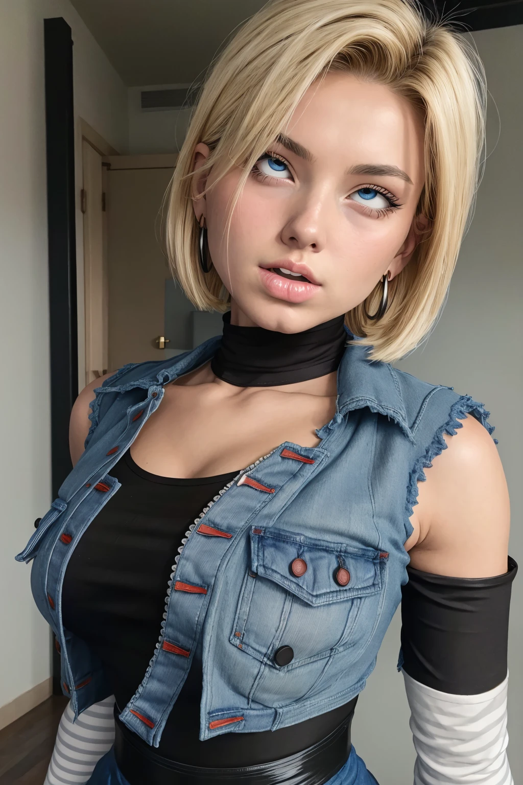 best quality, highres, and18, Android18DB, 1girl, android 18, solo, blonde hair, blue eyes, short hair, earrings, jewelry, denim vest, open vest, black pantyhose, black shirt, denim skirt, striped long sleeves, blue skirt, medium breasts, (full figure:1.5), street,  (Externally expanded Chest:1.2), (Strapless:1.2), off-the-shoulder, (ahegao1.5), rolling up eyes, (ahg:1.5),