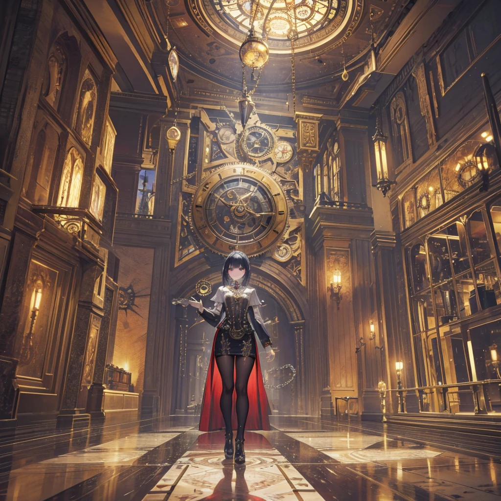 absurdres, best quality, fine detailed, 8k, no humans, Many huge colorful clocks and gears floating in a dimly lit large room, a huge clock decorated with crystal texture, gears of various sizes, clock-themed ornament, silver chain, steampunk, ray tracing, refraction, cinematic lighting, fisheye lens, tyndall effect