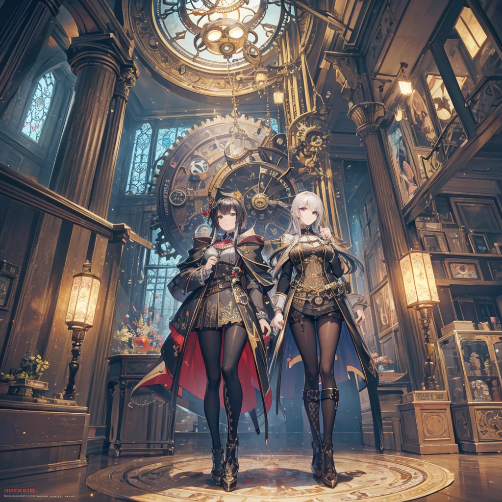 absurdres, best quality, fine detailed, 8k, no humans, Many huge colorful clocks and gears floating in a dimly lit large room, a huge clock decorated with crystal texture, gears of various sizes, clock-themed ornament, silver chain, steampunk, ray tracing, refraction, cinematic lighting, fisheye lens, tyndall effect