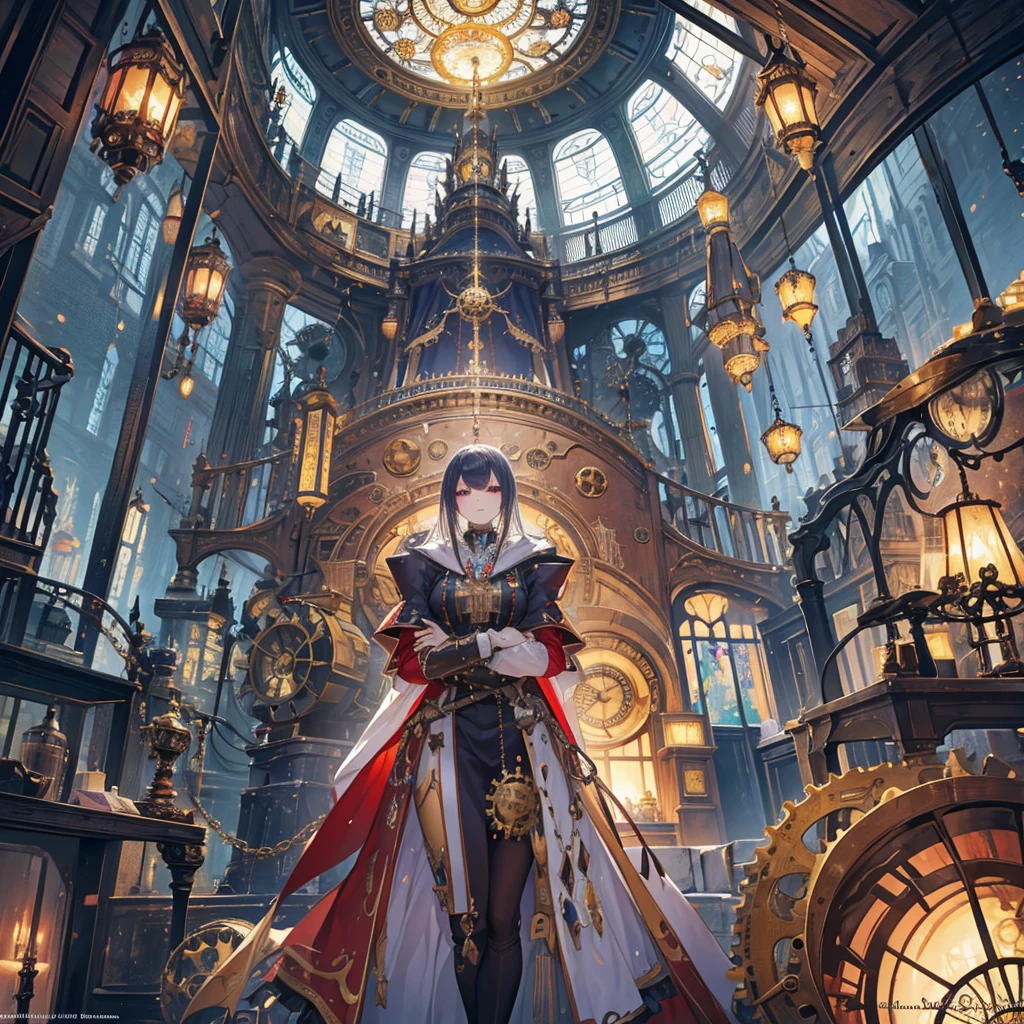 absurdres, best quality, fine detailed, 8k, no humans, Many huge colorful clocks and gears floating in a dimly lit large room, a huge clock decorated with crystal texture, gears of various sizes, clock-themed ornament, silver chain, steampunk, ray tracing, refraction, cinematic lighting, fisheye lens, tyndall effect