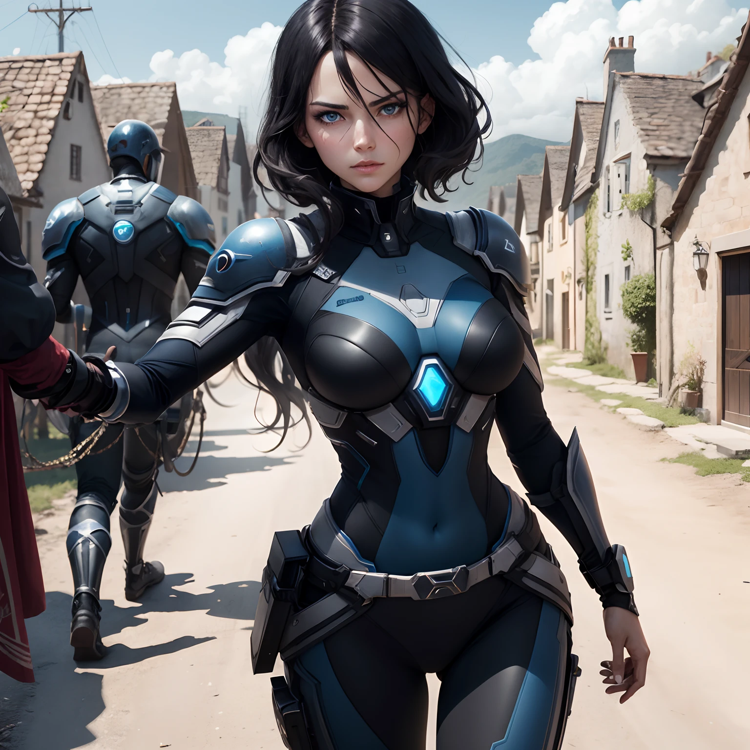 Attaque Des Titans femme blanche, cheveux noir, dark blue eyes. In the background, a village behind her. She has a futuristic black suit with long sleeves. Saison 4 MAPPA Studio screencap.
