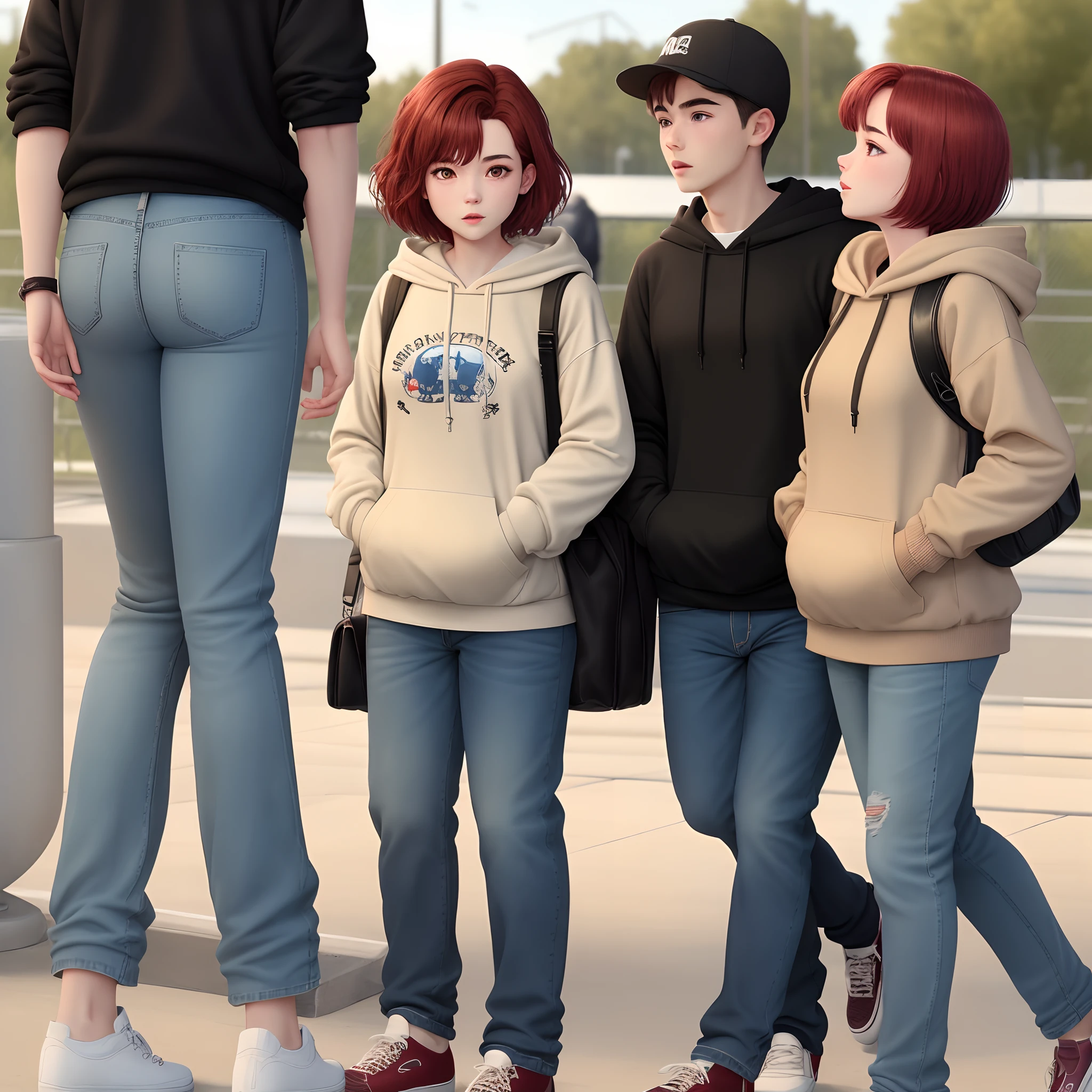 A girl with short dark red hair with a black baggy hoodie and a blue baggy jeans at the skatepark with a beige labrador next to her