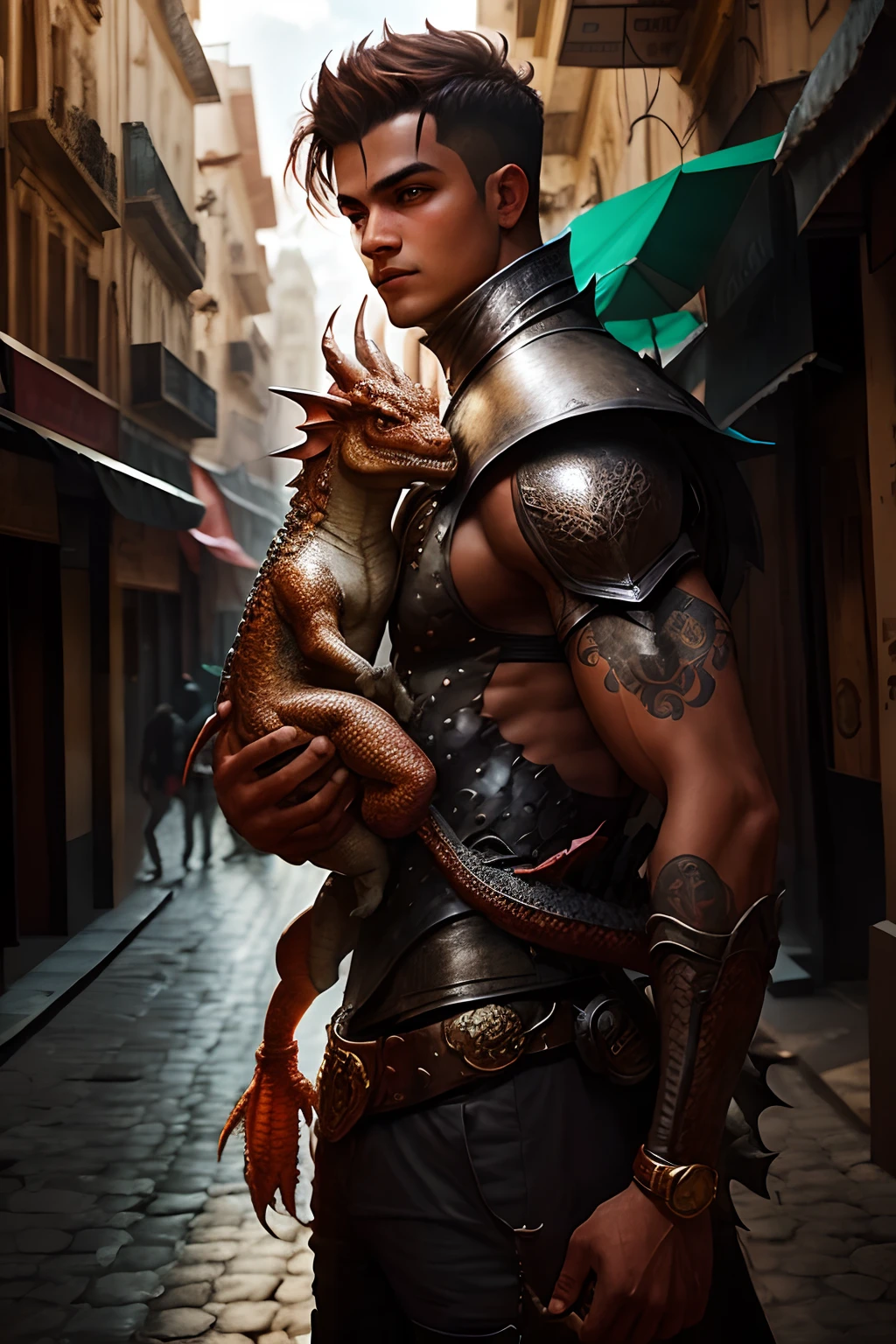 Boy with real dragon on his shoulder. Em meio ao centro da cidade.