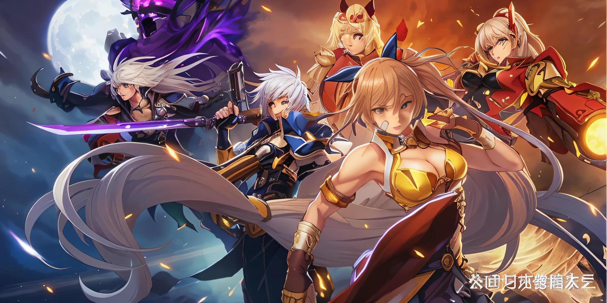 Anime characters standing in front of a full moon, Blade and soul, 2. 5 D CGI anime fantasy artwork, guilty gear art style, Guilty Gear strives to splash art, 《azur lane》role, guilty gear art direction, Official artwork, A scene from the《azur lane》videogame, Badass anime 8 K, Anime fantasy artwork, 2 d cg, Anime epic artwork,Remove the watermark in the lower right corner