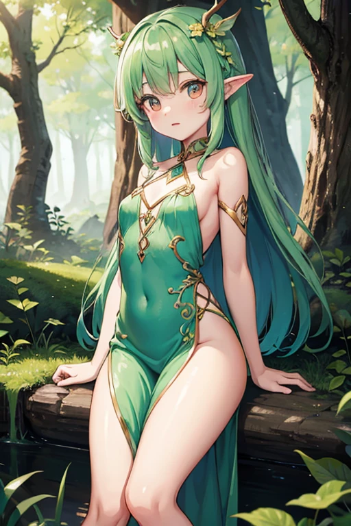 Young dryad in the middle of the skinny forest