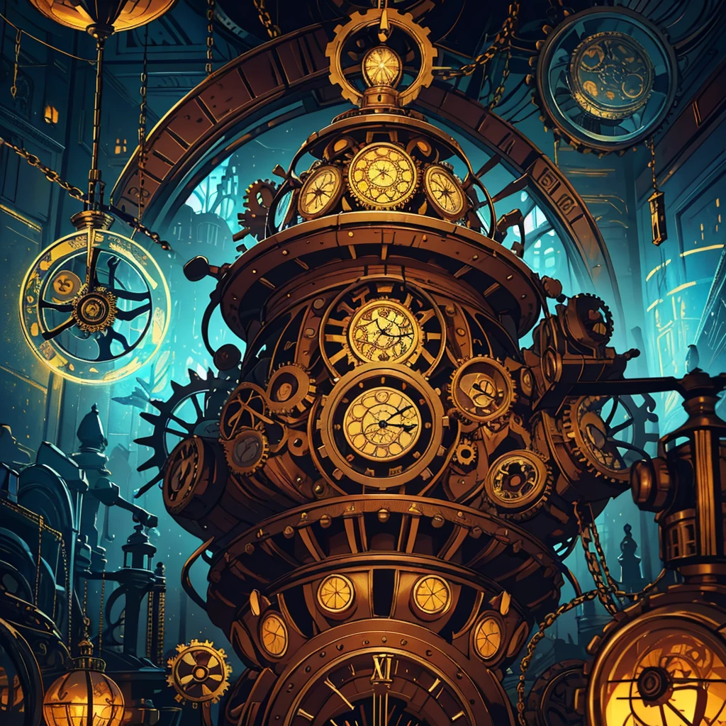 absurdres, best quality, fine detailed, 8k, no humans, Many huge colorful clocks and gears floating in a dimly lit large room, a huge clock decorated with crystal texture, gears of various sizes, clock-themed ornament, silver chain, steampunk, ray tracing, refraction, cinematic lighting, fisheye lens, tyndall effect