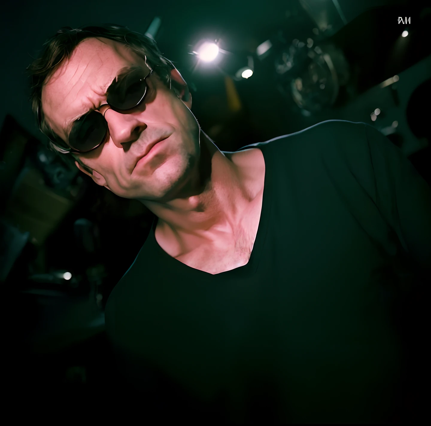portrait of a award winning photo of hugh laurie posing in a dark studio, (rim lighting,:1.4) two tone lighting, sharp focus, teal hue, octane, unreal, dimly lit, low key