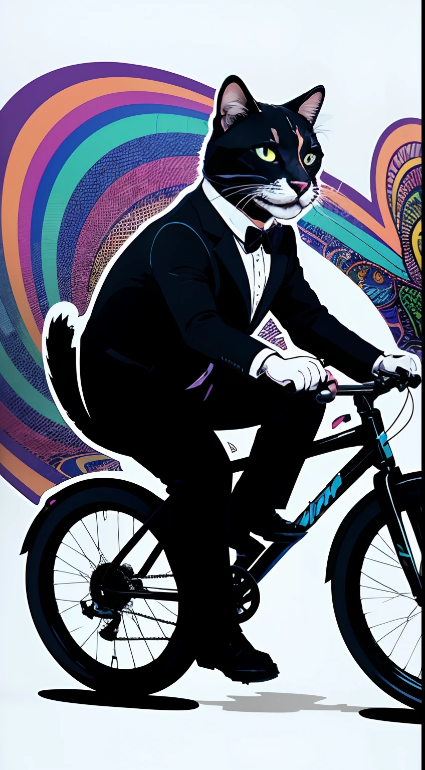 Cats and dogs wearing black suits and ties riding on bikes going up a hill. Psychedelics A cool vector design in the Creative design style bright and vibrant colors, appropriate to the scene, dynamic design, stickers, strong lines, White background transparent , Print-ready, high-quality, highly detailed, 4K resolution animation