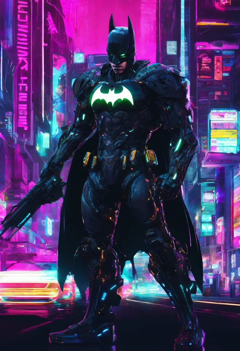 Cyberpunk-style Batmanr , colored in black and neon, featuring intricate and complex mechanical structures with glowing parts. simple background, Photographed by Juergen Teller. Camera model: Sony A9 II. Camera parameters: shutter speed 1/200, aperture f4.5, ISO 800. Lighting style: street light. Fancy words: powerful, sleek,  futuristic