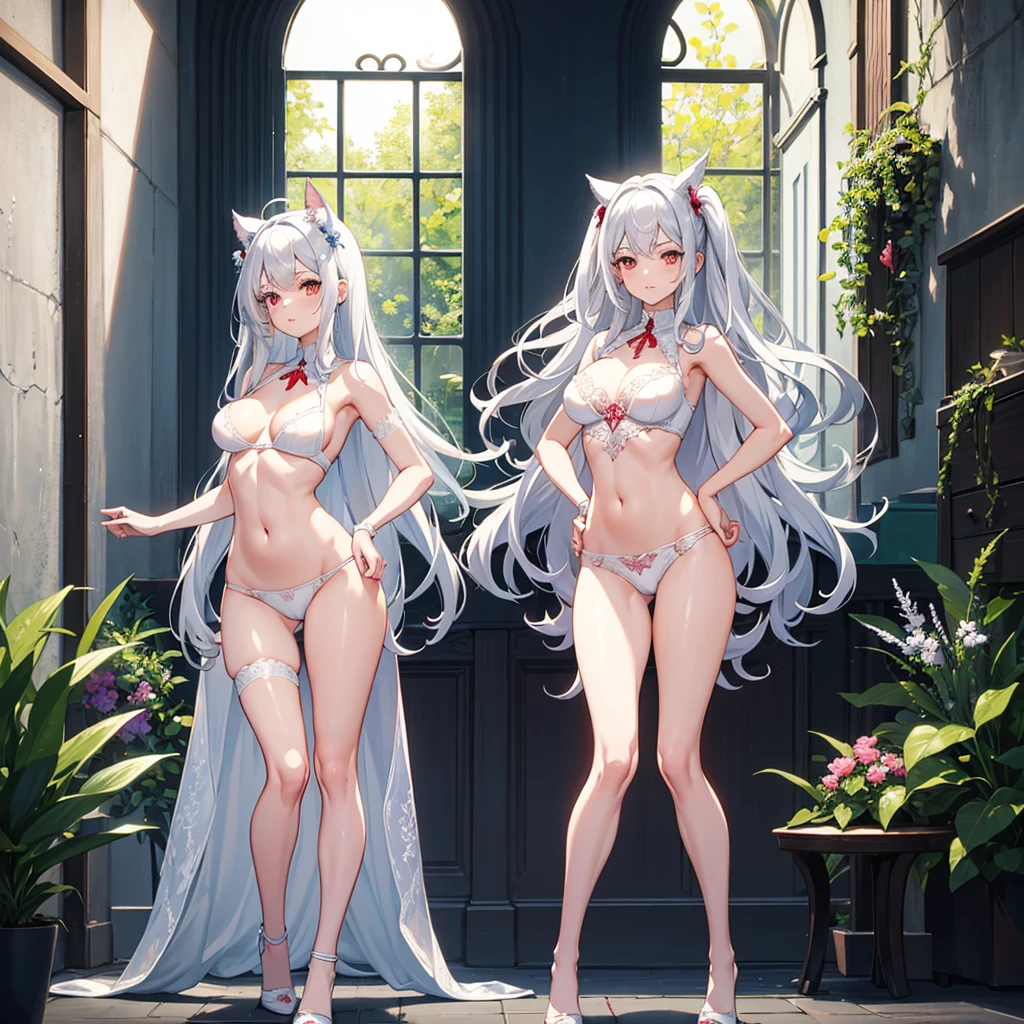 Masterpiece, Superior quality, Ultra-detailed, 8k drawing under CG unity, A cute and innocent anime girl，Waist-length silvery-white hair，red pupils，White lace underwear，White lace panties，tabi，Accentuate petite and seductive breasts，A coquettish look，Uncomfortable posture，facing to audience，Full body like，Bare abdomen，visible abdomen，Charming belly，with hands behind her back