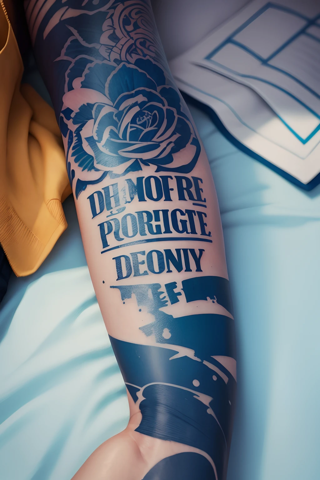 Forearm scene with a tattoo written on it "Porque: Pergunta; Porque: Resposta; Why: Fim de frase; Why: Substantivo". Fundo azul com tema rustico. --auto
