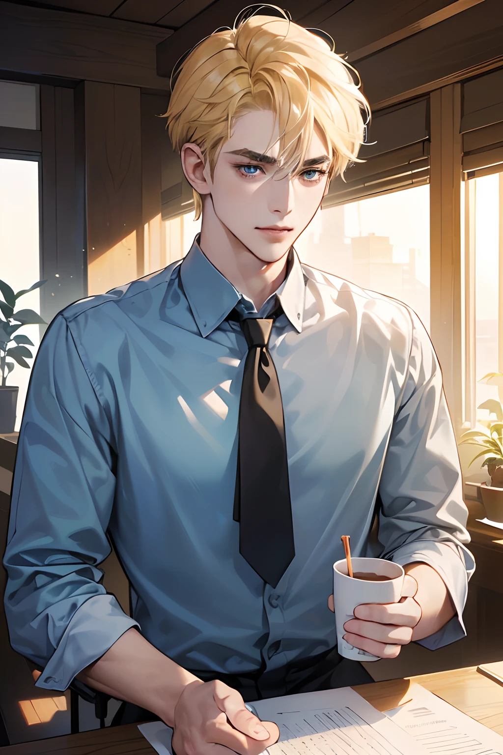 (masutepiece, Digital Art, Digital Illustration, 4K, 8K, Ultra-detailed, beautiful image, Sharp Image, Photorealistic, Raw photo, Perfect face, Perfect lines, Perfect eyes, Soft lighting) 1 male human, (a blond,hair between eye,hair messy,short-hair,deadpan,Goofy face,Parallel eyebrows,Narrow-eyed,kindly smile,ember,28 years old:1.3),Handsome men, (ember,Business Shirt,neck tie,Thin macho,Firm shoulder width,Adult male:1.2),daytime office,Staff Room,sitting in the chair,Wear your jacket over your shoulders,small plants,Water Server,Sleepy face,Frantically opening your eyes,