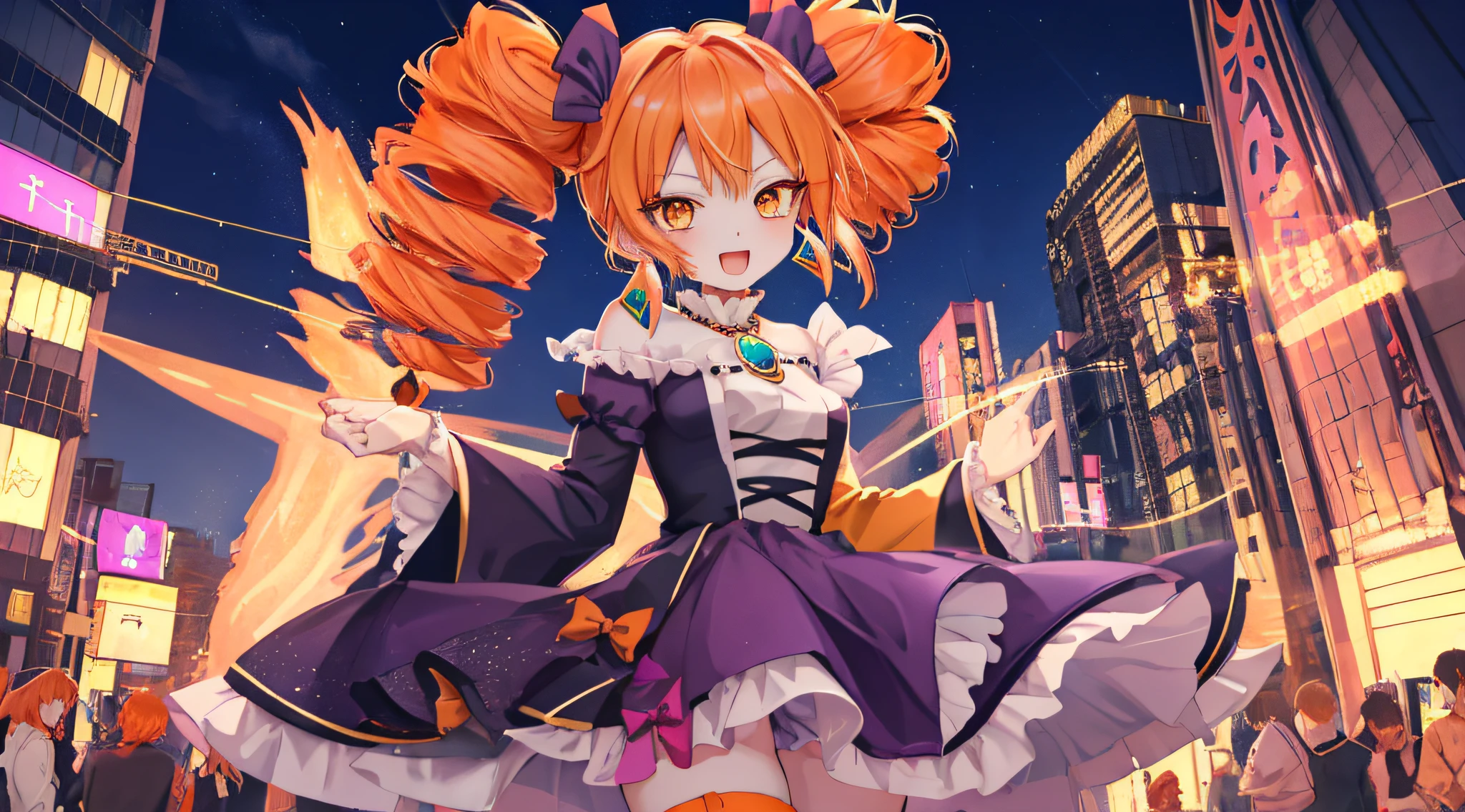 1girl, solo, yorigami jo'on, orange hair, orange eyes, jewelry, pendant, earrings, looking at viewer, outdoors, crowd, makeup, Magical girl, twin drills, drill hair, night city, open mouth, smiley, modern city, tachi-e, high details, high quality, super detail, anatomically correct,old money,purple dress,stockings,lolita,lolita dress,Princess