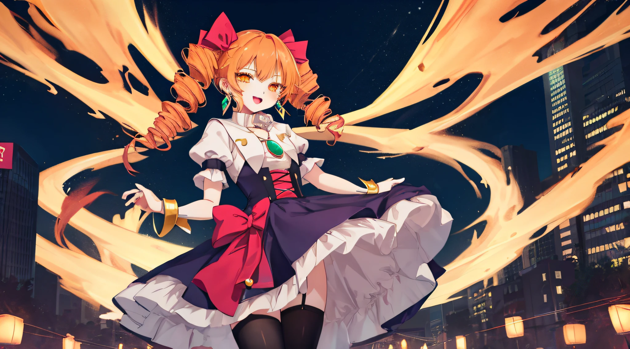 1girl, solo, yorigami jo'on, orange hair, orange eyes, jewelry, pendant, earrings, looking at viewer, outdoors, crowd, makeup, Magical girl, twin drills, drill hair, night city, open mouth, smiley, modern city, tachi-e, high details, high quality, super detail, anatomically correct,old money,purple dress,stockings,ta,loliress