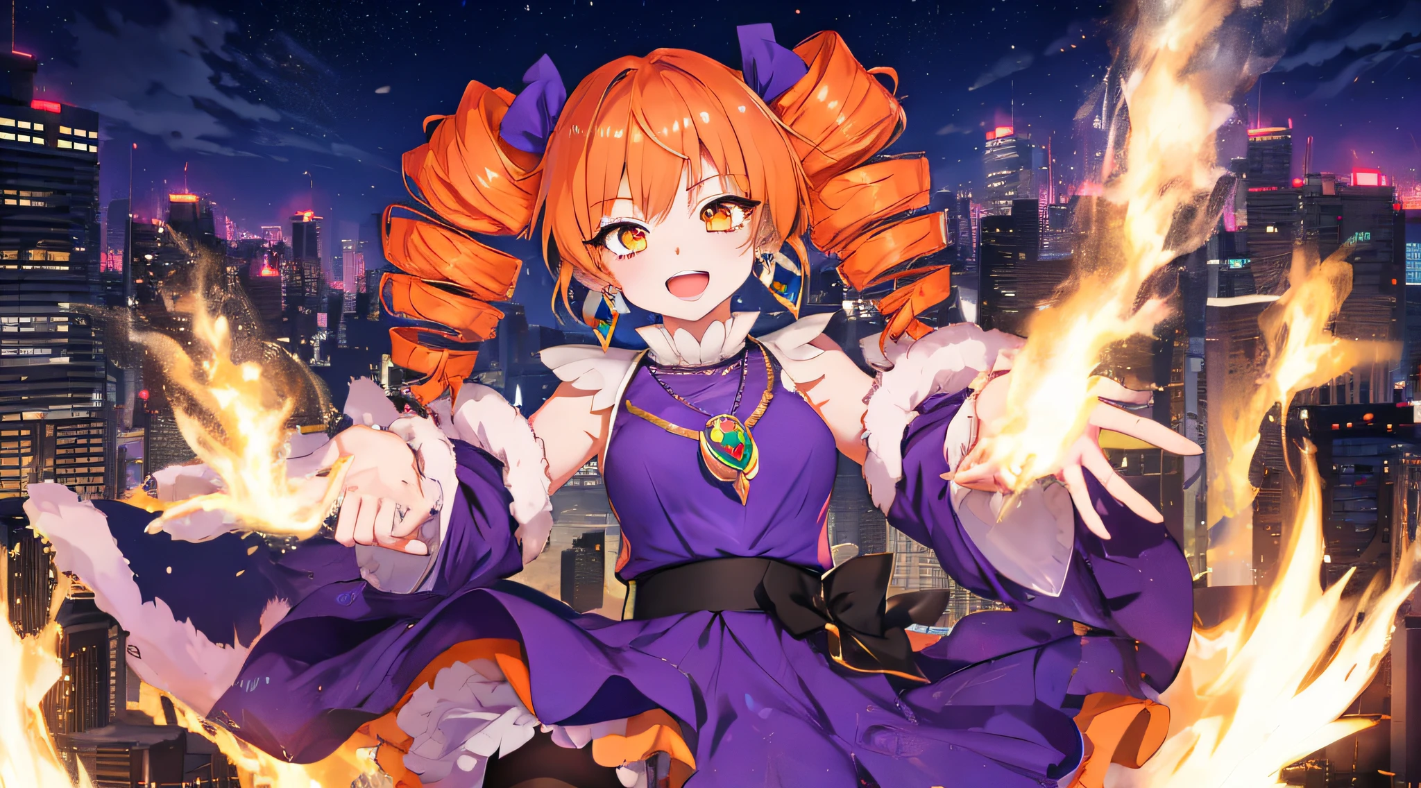 1girl, solo, yorigami jo'on, orange hair, orange eyes, jewelry, pendant, earrings, looking at viewer, outdoors, crowd, makeup, Magical girl, twin drills, drill hair, night city, open mouth, smiley, modern city, tachi-e, high details, high quality, super detail, anatomically correct,old money,purple dress,stockings