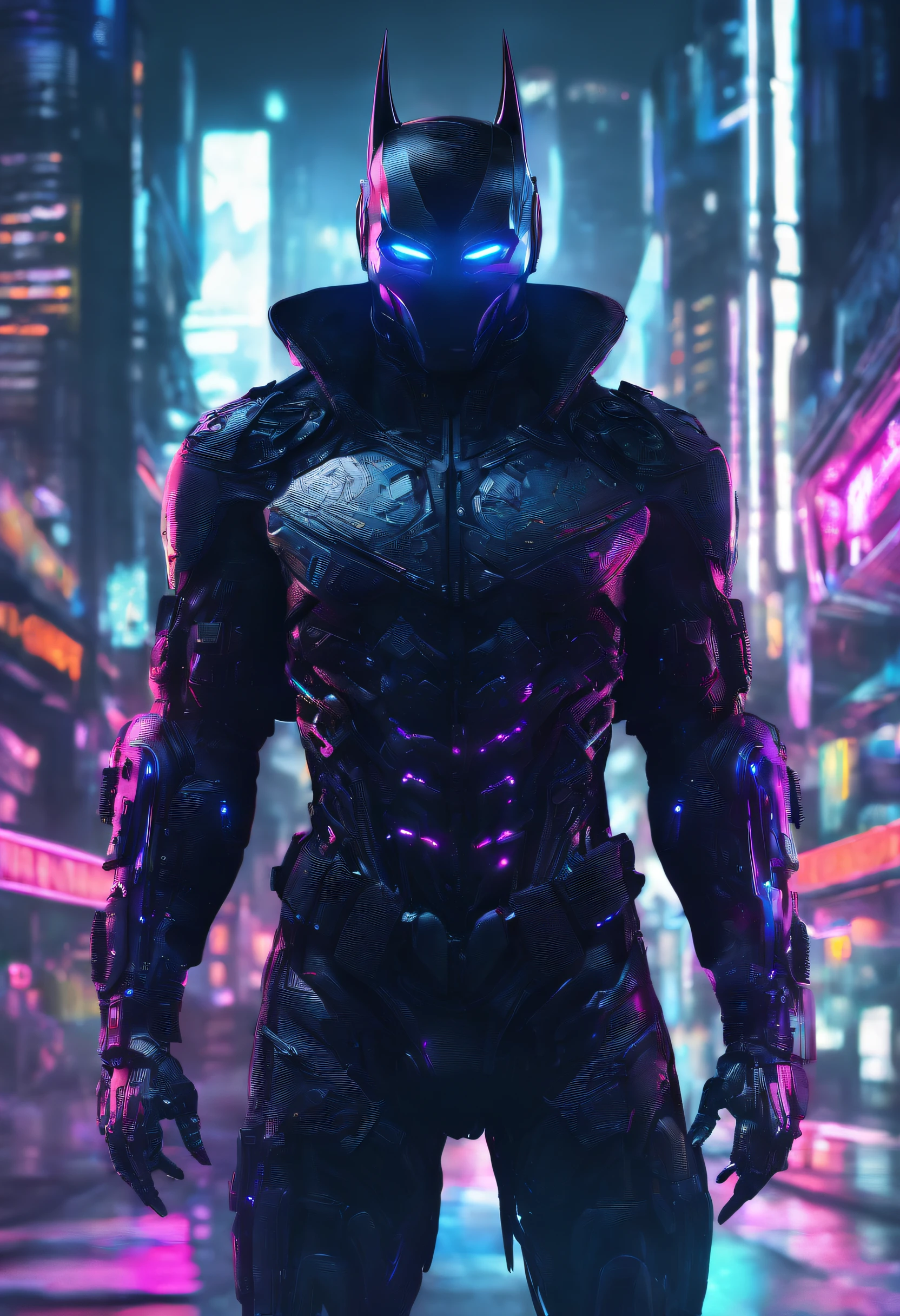 Cyberpunk-style Batmanr , colored in black and neon, featuring intricate and complex mechanical structures with glowing parts. simple background, Photographed by Juergen Teller. Camera model: Sony A9 II. Camera parameters: shutter speed 1/200, aperture f4.5, ISO 800. Lighting style: street light. Fancy words: powerful, sleek,  futuristic