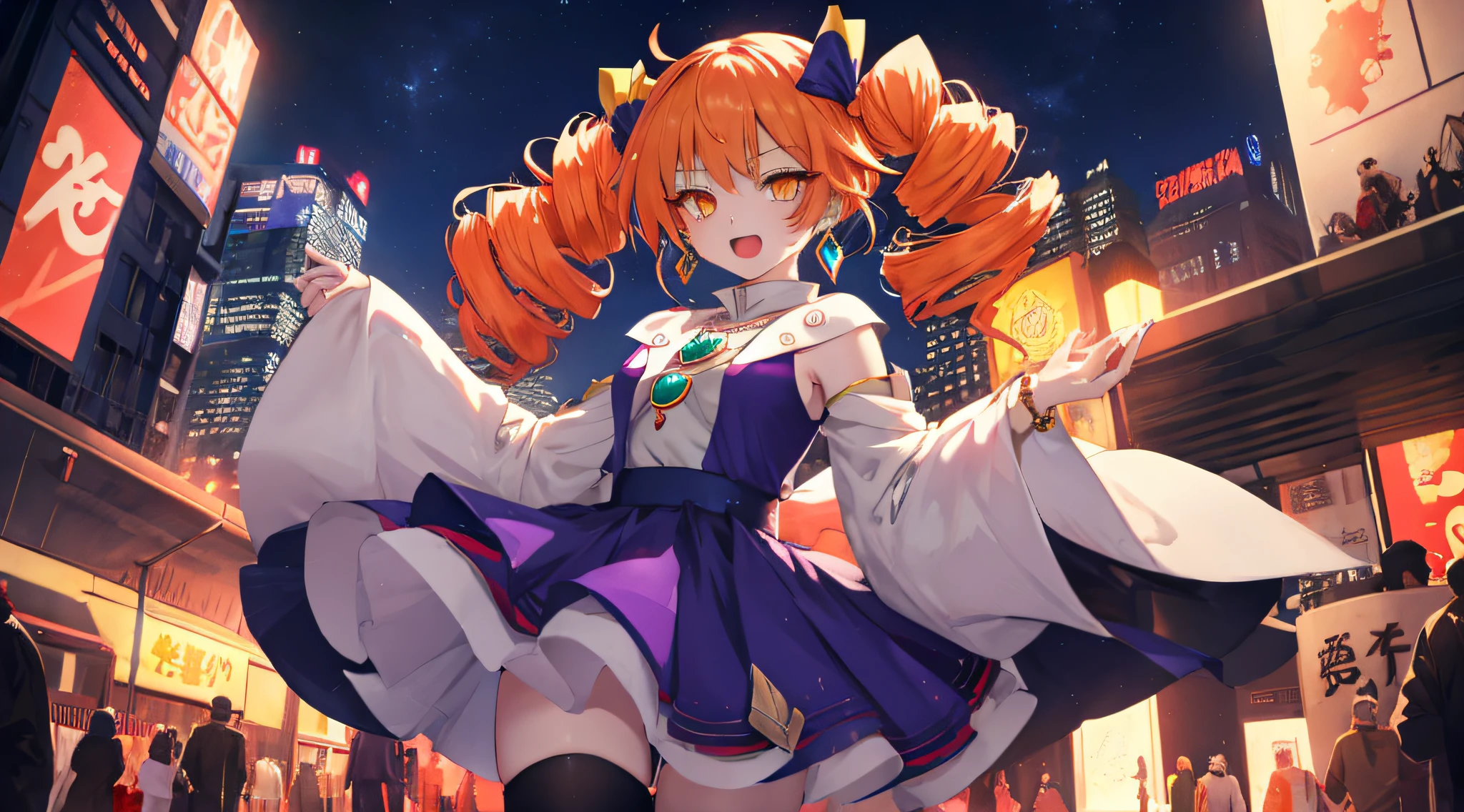 1girl, solo, yorigami jo'on, orange hair, orange eyes, jewelry, pendant, earrings, looking at viewer, outdoors, crowd, makeup, Magical girl, twin drills, drill hair, night city, open mouth, smiley, modern city, tachi-e, high details, high quality, super detail, anatomically correct,old money,purple dress,stockings
