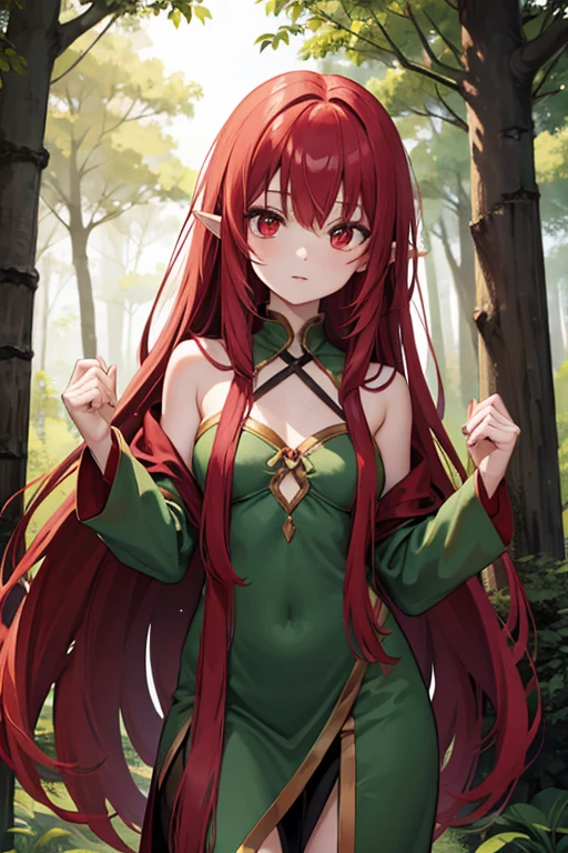 Skinny young dryad with red eyes and crimson hair in the middle of the forest