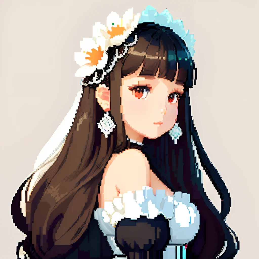 She was dressed like a glamorous jewel,large earring、Lots of flowers、 Gothic White、Colorful Floral Decoration Costume、Girl with dull grey long S-shaped curls、Look back and look at this.、Pixel art、Pixel Art Illustration、pixels、Plain background、Upper body、For icons、pixels_Art Book,Composition centered on the face、Black lily flower headdress、Katyusha、pixels、Game-style illustration、Pixel art、pixels、without background、The background is all beige、pixels、Large anemone flower ornament、Loose fluffy、White background、ta Fashion、simple background、A girl about 16 yutiful eyes like jewels、pixels、pixels