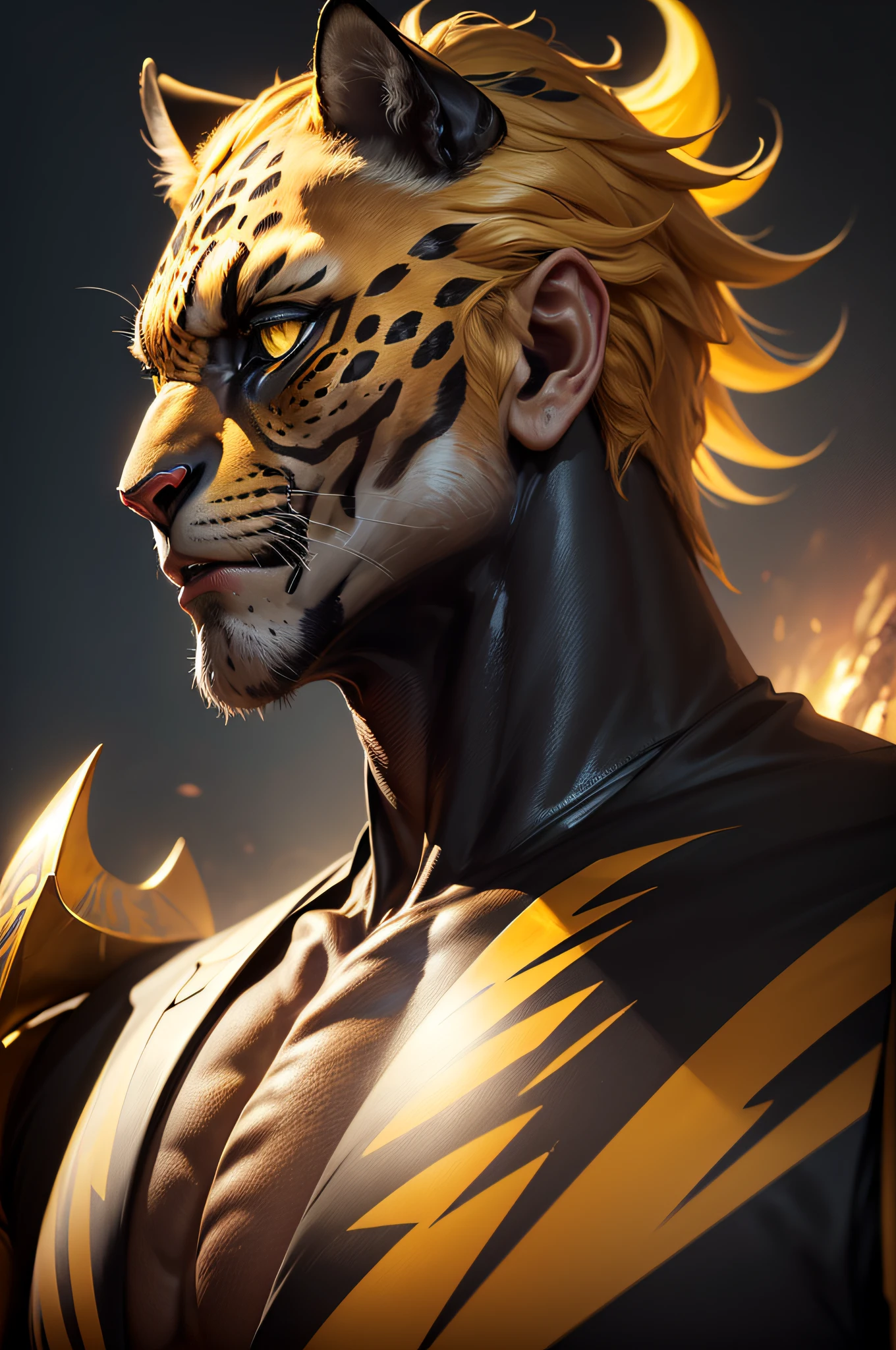 (Best quality,4k,8k,highers, masterpiece:1.2), ultra-detailed, Cinematic landscape, Ultra Realistic, Anthropomorphic jaguar man wearing an elegant black suit with yellow details, profile picture, avatar image, vibrant colors, dramatic lighting