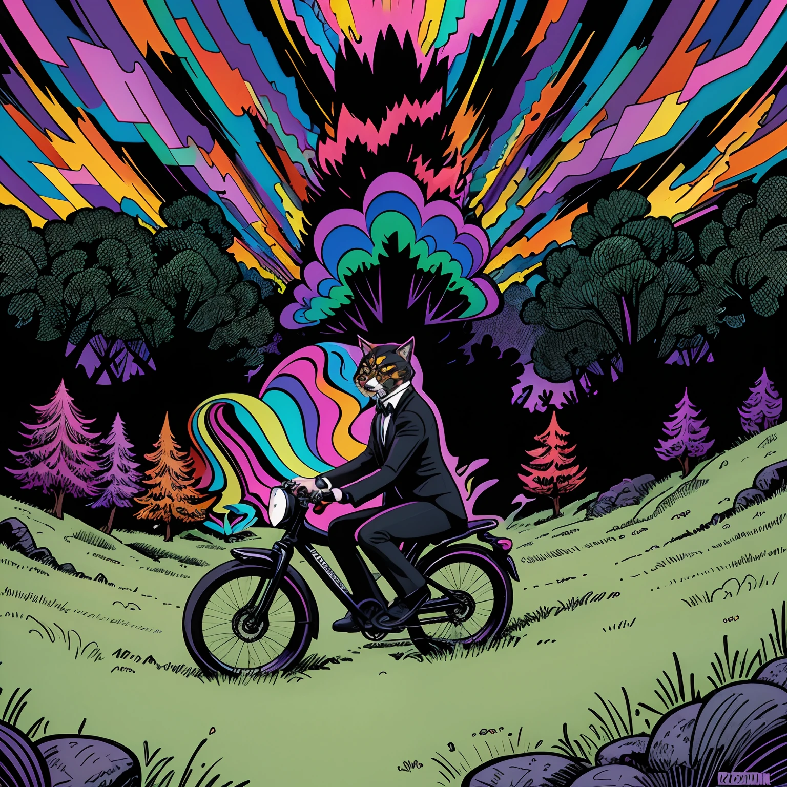 Cats and dogs wearing black suits and ties riding on bikes going up a hill. Psychedelics A cool vector design in the Creative design style bright and vibrant colors, appropriate to the scene, dynamic design, stickers, strong lines, White background transparent , Print-ready, high-quality, highly detailed, 4K resolution cartoon drawing