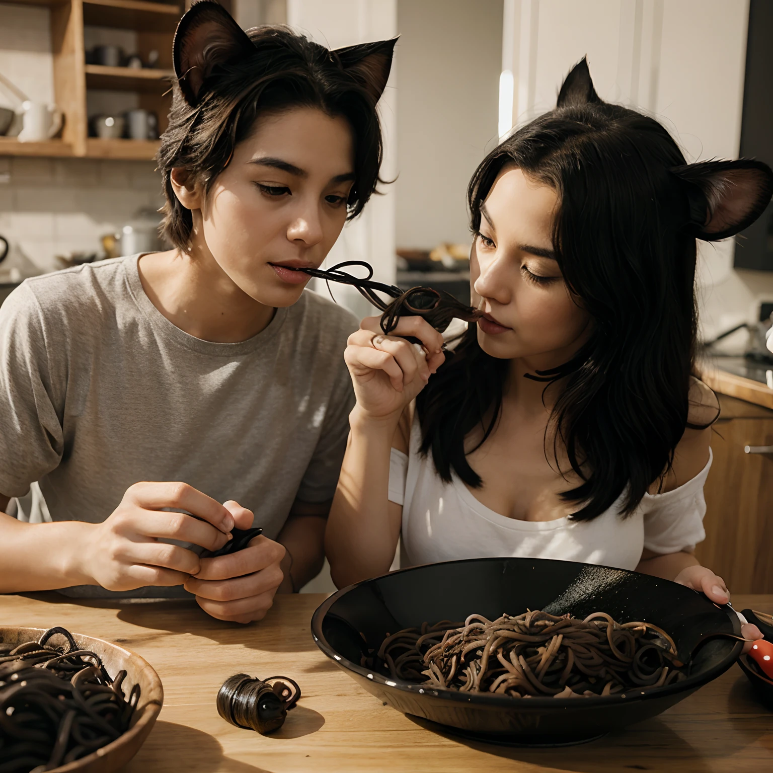 Cat and mouse eating black noodles