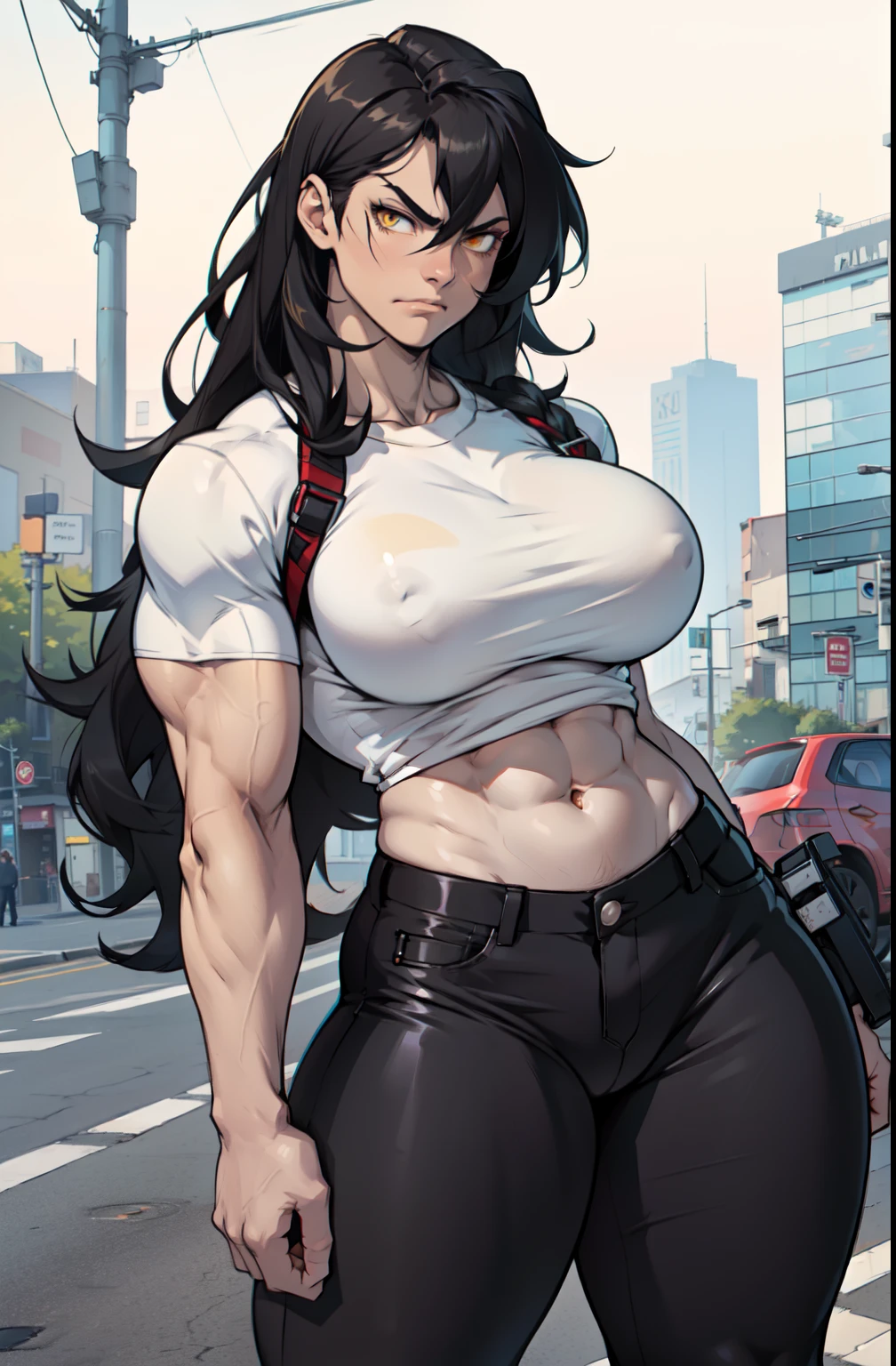 ((1 girl)), extremely long hair, solo, ((muscular)), veins, black hair, yellow eyes, (thick thighs), pale skin, strong, veins, abs, big thighs, (huge breasts), navel, standing, frowning, tight pants, tight shirt