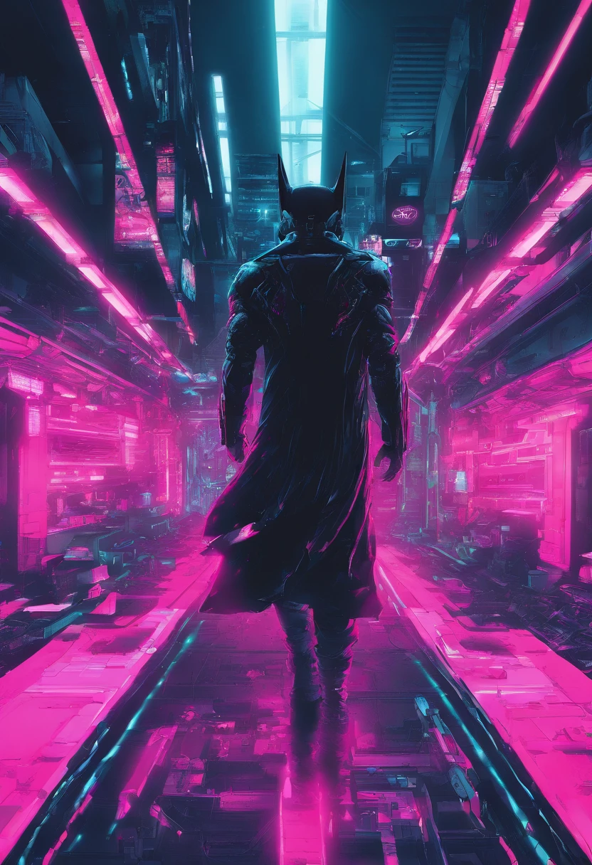 Batmanr de style cyberpunk , Coloré en noir et néon, Présentant des structures mécaniques complexes et complexes avec des pièces brillantes. Arrière-plan simple, Photographié par Juergen Teller. Modèle de caméra: Sony A9 II. Paramètres de la caméra: Vitesse d’obturation 1/200, Ouverture F4.5, Normes ISO 800. Style d’éclairage: lanterne. Des mots fantaisistes: Puissant, lisse,  futuriste 8k avec un style manga