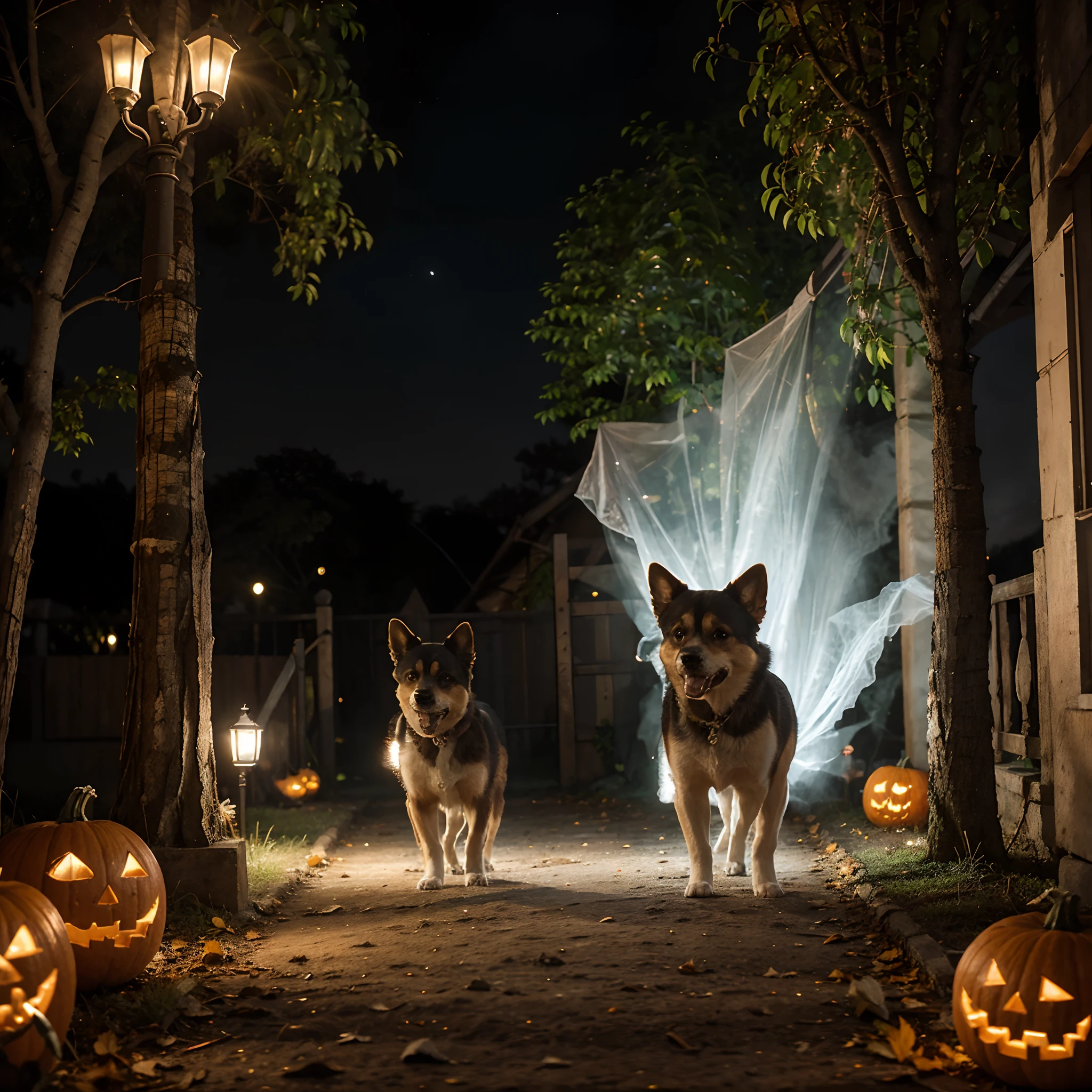 In the twilight of an October night, The sky was tinged with a reddish-orange hue as the full moon rose, casting its silver light over a yard adorned with carved pumpkins and garlands of faux cobwebs. Uma brisa suave soprava as folhas secas pelas ruas desertas, criando um ambiente perfeito para o Halloween.

No centro do quintal, A Pomeranian puppy, chamado Max, estava completamente transformado em um fantasma travesso. Her fluffy, white fur stood out under the sheet-like costume that wrapped around her entire body. With two holes cut into the sheet, His eyes sparkled with a touch of mischief and excitement. Small tabs of the sheet occasionally lifted when Max moved, como se o fantasma estivesse flutuando.

Back of Max, A row of pumpkins lit with flickering candles cast dancing shadows that seemed to create an army of ghosts, all following little Max as their leader. The lights flickered in a soft pattern, Creating a magical and mysterious atmosphere.

Max moved forward with light steps, suas orelhas pontudas ligeiramente abaixadas, como se estivesse pronto para surpreender qualquer intruso que ousasse se aproximar de sua "toca". As he moved, A trail of dry leaves was raised behind him, Creating a temporary trail of chaos and fun. O som das folhas crocantes sob suas patinhas ecoava na quietude da noite.

Na cerca de madeira que cercava o quintal, morcegos de papel preto pendiam, Like they're about to land and join the haunted party. O vento suave fazia com que os morcegos oscilassem, Adding a sense of movement and magic to the scenery.

Max, The adorable ghost dog, estava pronto para sair e encarar a noite de Halloween, ready to make mischief and distribute smiles while winning the hearts of everyone he met.

In this magical and enchanting moment, the spirit of Halloween was alive and well represented by the little dog, que t