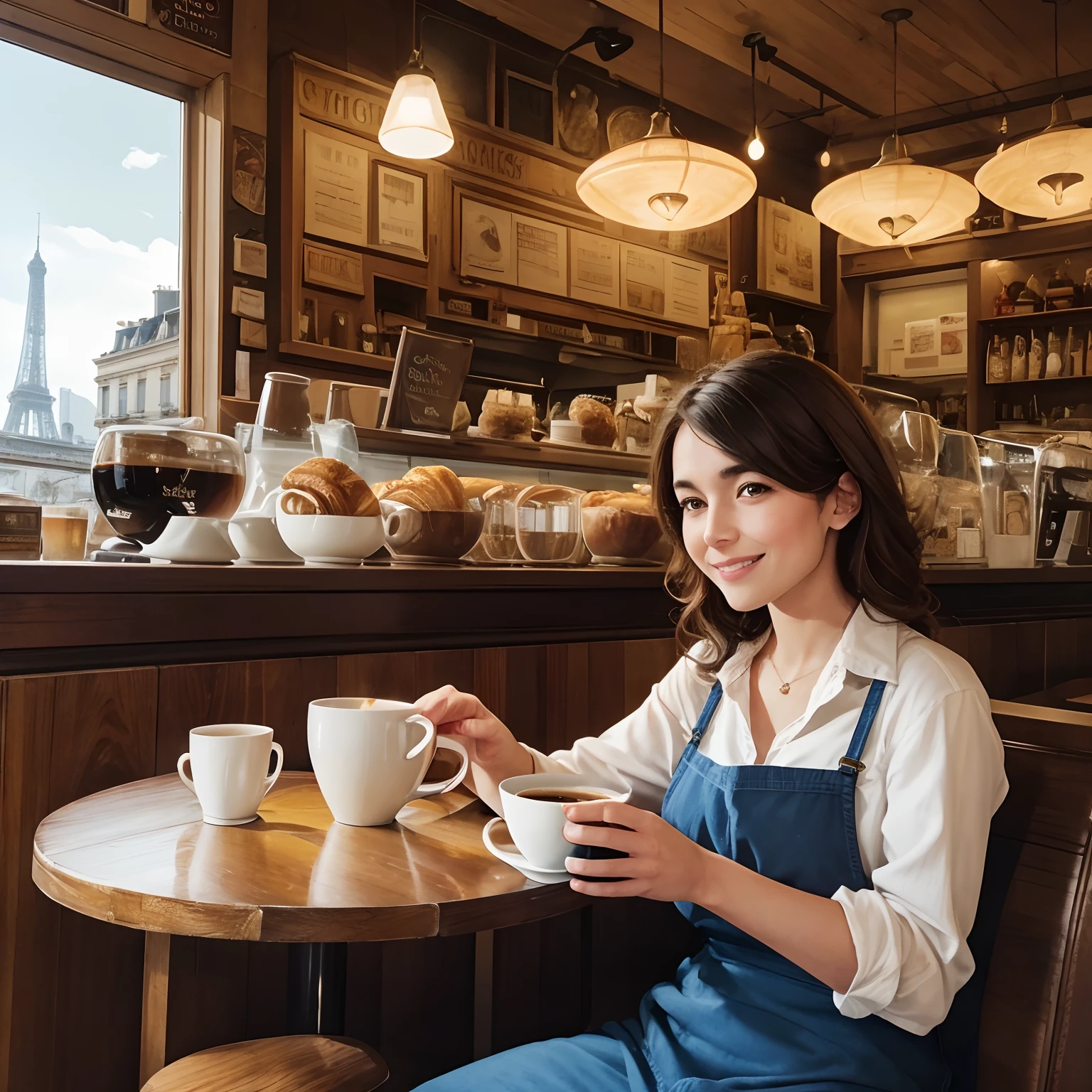 (bestselling novel,realistic characters,A guy having a cup of coffee in Paris,medium:oil painting,pleasant background:espresso bar with a view of the Eiffel Tower,vivid colors,warm sunlight,highres), casual French attire,friendly and inviting atmosphere,sidewalk cafe, iconic French architecture, relaxing ambiance, charming Parisian streets, delightful aroma of freshly brewed coffee, freshly baked croissants,smiling barista,interior design with vintage flair