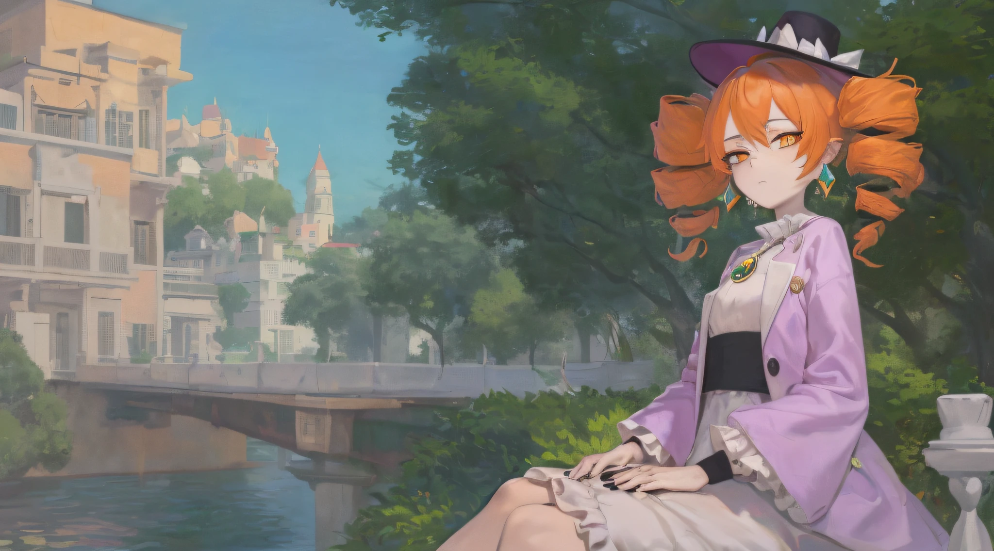 1girl, solo, yorigami jo'on, orange hair, drill hair, eyewear on head, orange eyes, jewelry, white dress, purple jacket, pendant, earrings, black hat, looking at viewer, outdoors, upscale restaurant, crowd, sitting, side drill, sigh, disgust, tired, makeup, rococo style, Monet,smoking