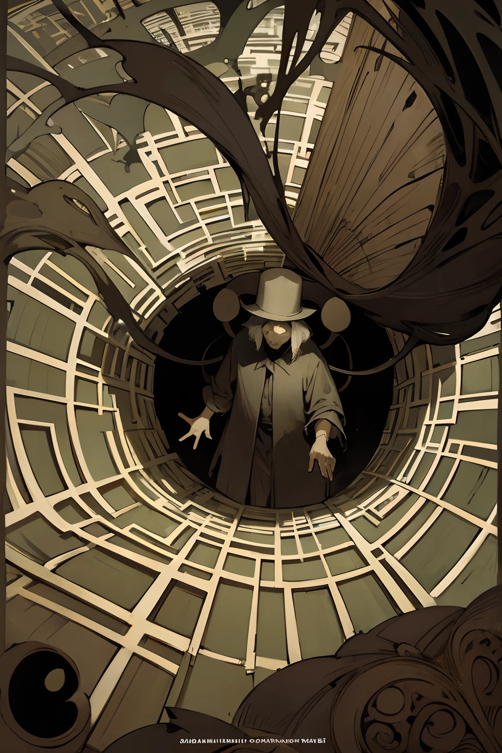 hieronymus bosch art style, maze-shaped man, noir atmosphere, scene