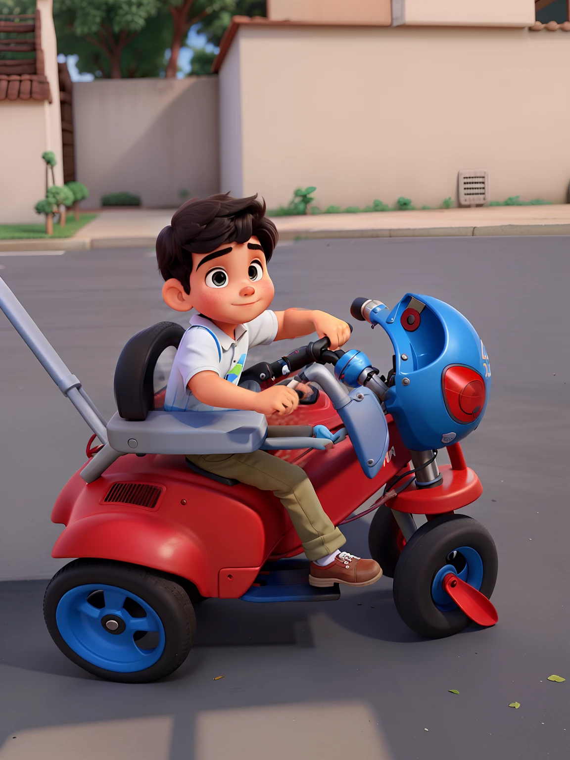 1chico chibi gordito, cabello chino corto negro short cap hair con ropa deportiva tipo de carreas arriba de un automovil estilo cartoon color verde con toques naranjas y de fondo en una autopista estilo cartoon muy similar a CTR de crash team racing, con un toque muy disney, autos de carreras, arriba de un auto, fondo en un bosque con carretera, auto color rojo con dorado, moto