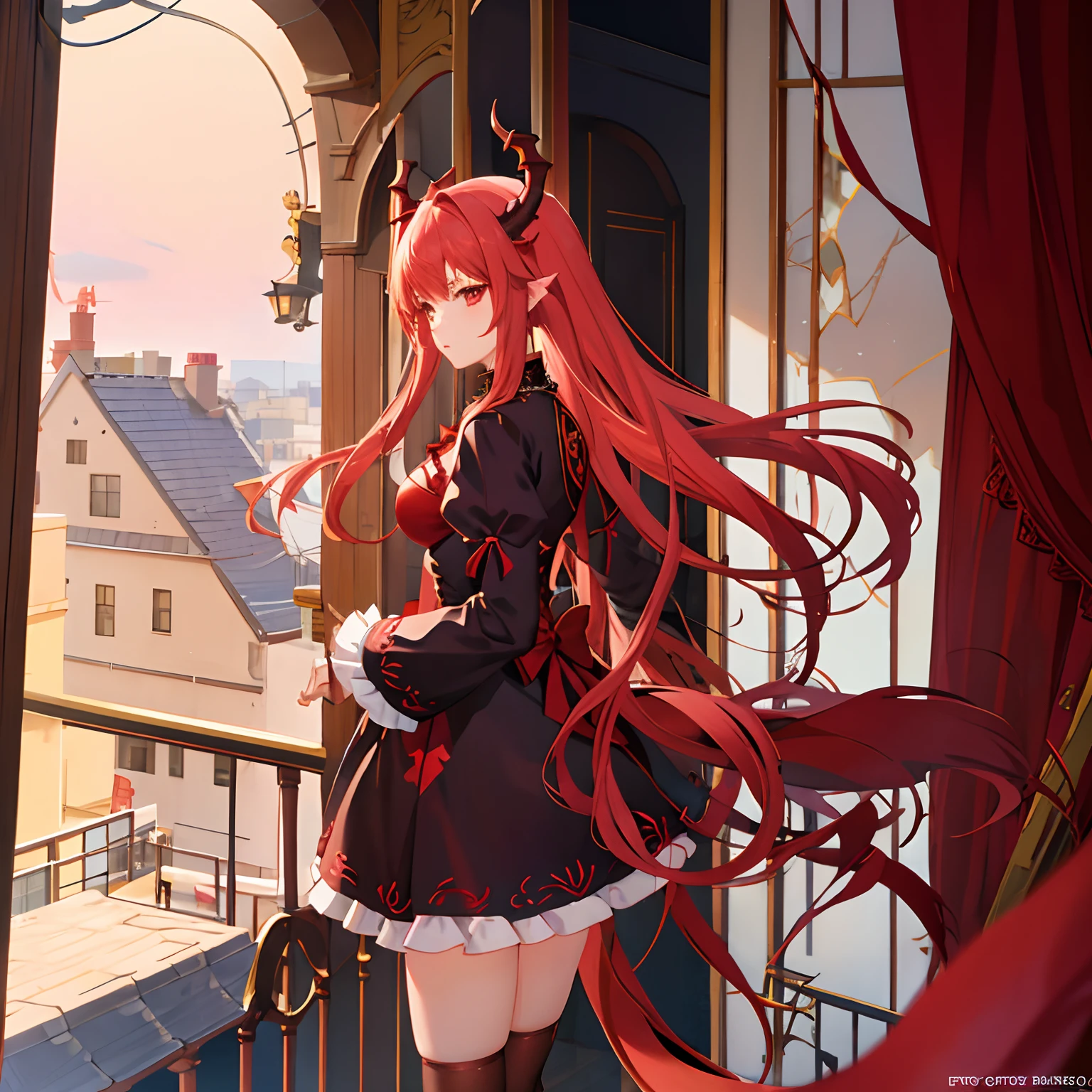 Red dragon horn，Anime Dragon Girl，Wearing lolita，Stand on the balcony