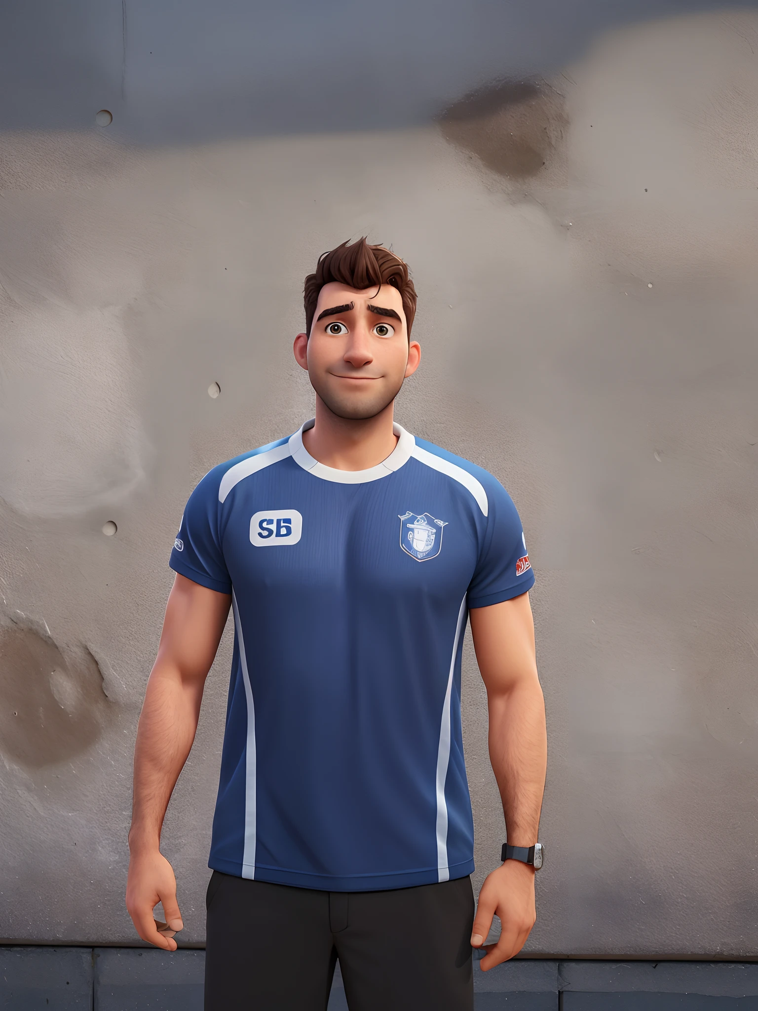 Arafed man standing in front of a wall with a tennis racket, Retrato no meio da foto, medium shot portrait, Daniel Dociu, retrato frontal, daniel mirante, Condutor de Ene, Romain Jouandeau, foto oficial do produto, wearing a volleyball jersey, Kacper Niepokolczycki, Sascha Schneider, tjalf sparnaay 8 k