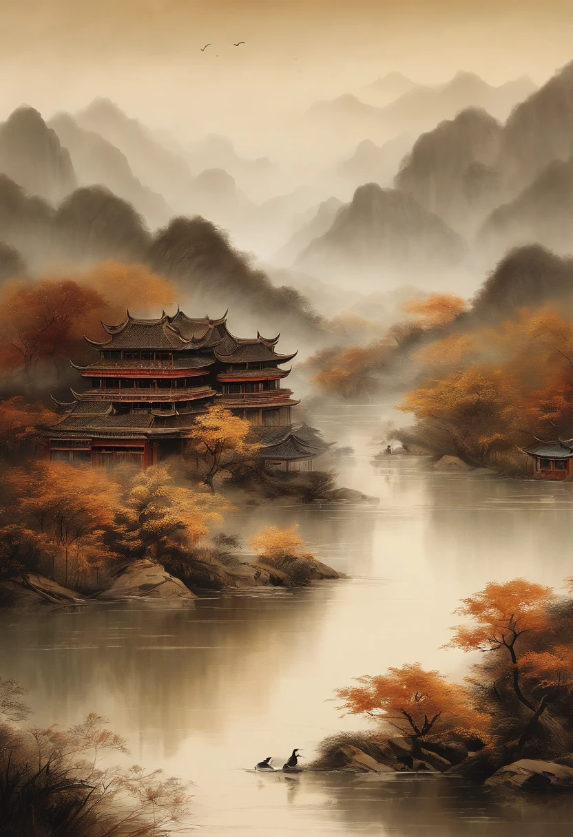 Chinese murals with rural scenery, Light orange and light gray style, Layered landscape, Japanese style art, monumental murals, Ricoh FF-9D, Golden Age aesthetics, Exotic landscape