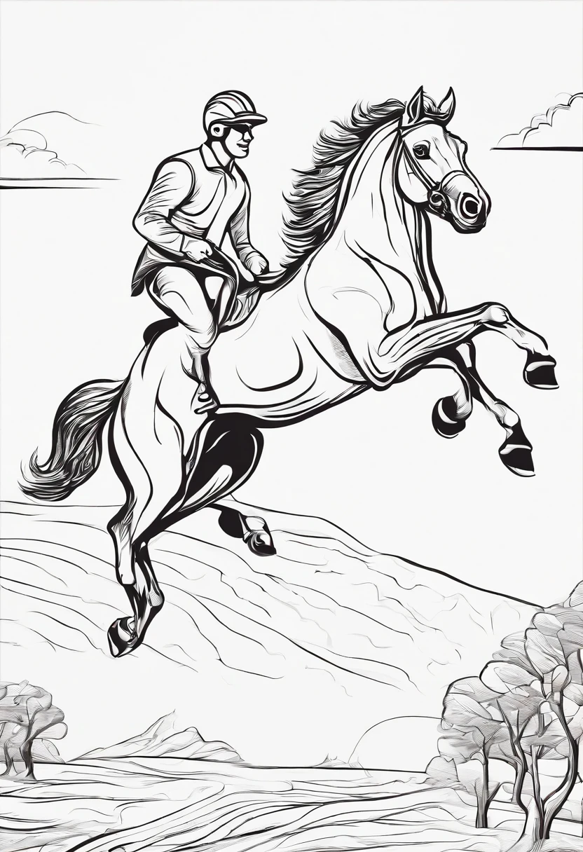 horse jumping tree, line art, cartoon style, thick lines, high quality, no shading
