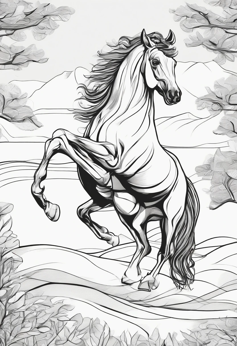 horse jumping tree, line art, cartoon style, thick lines, high quality, no shading