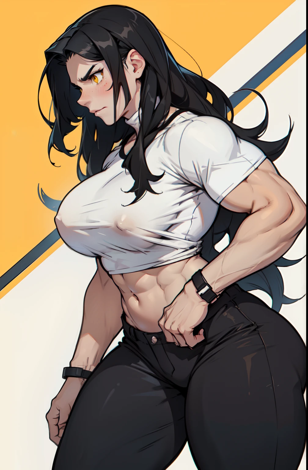 ((1 girl)), extremely long hair, solo, ((muscular)), veins, black hair, yellow eyes, blushing, (thick thighs), pale skin, strong, veins, abs, big thighs, (huge breasts), navel, standing, frowning, tight pants, tight shirt