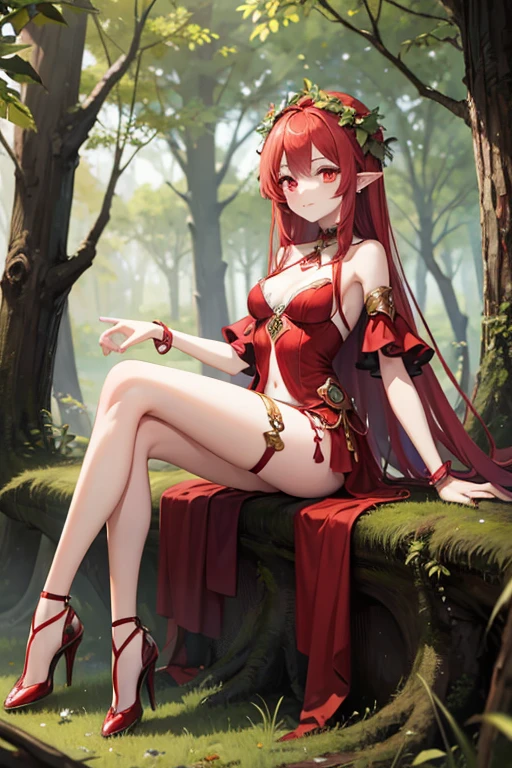 Skinny young dryad with red eyes and crimson hair in the middle of the forest wearing heels