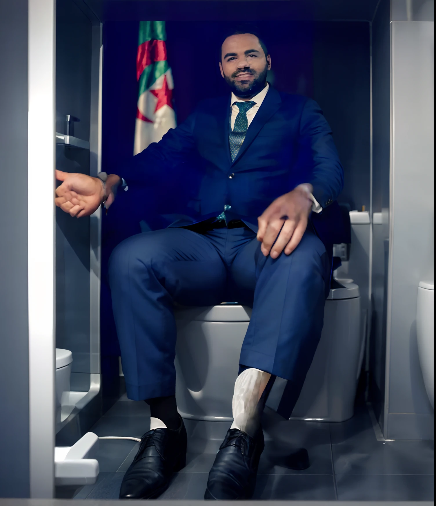 man in a suit and tie sitting in a toilet wc