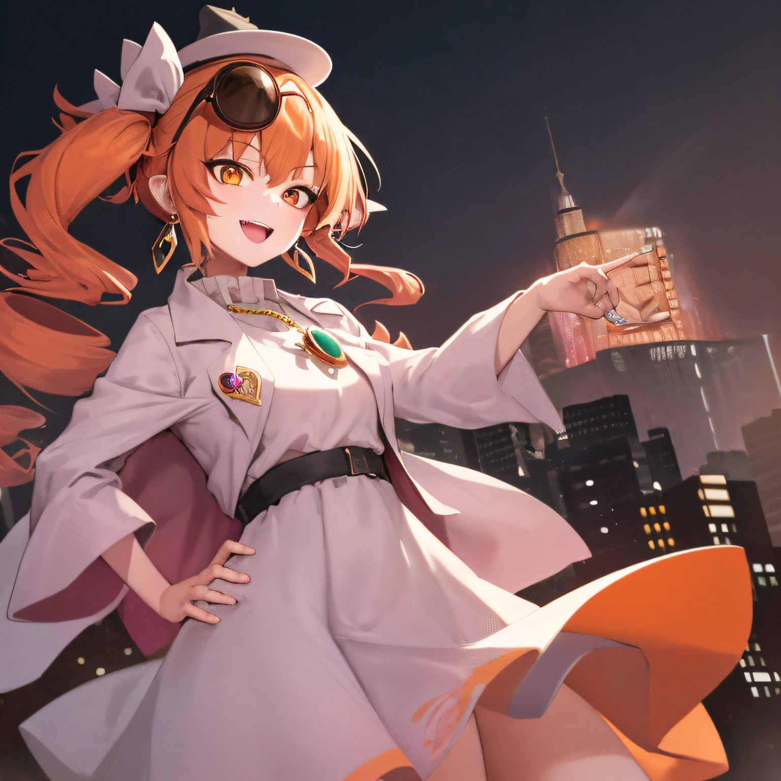 1girl, solo, yorigami jo'on, orange hair, drill hair, eyewear on head, orange eyes, jewelry, bow, white dress, purple jacket, pendant, earrings, hat, standing, hand on hip, looking at viewer, smile, open mouth, outdoors, city