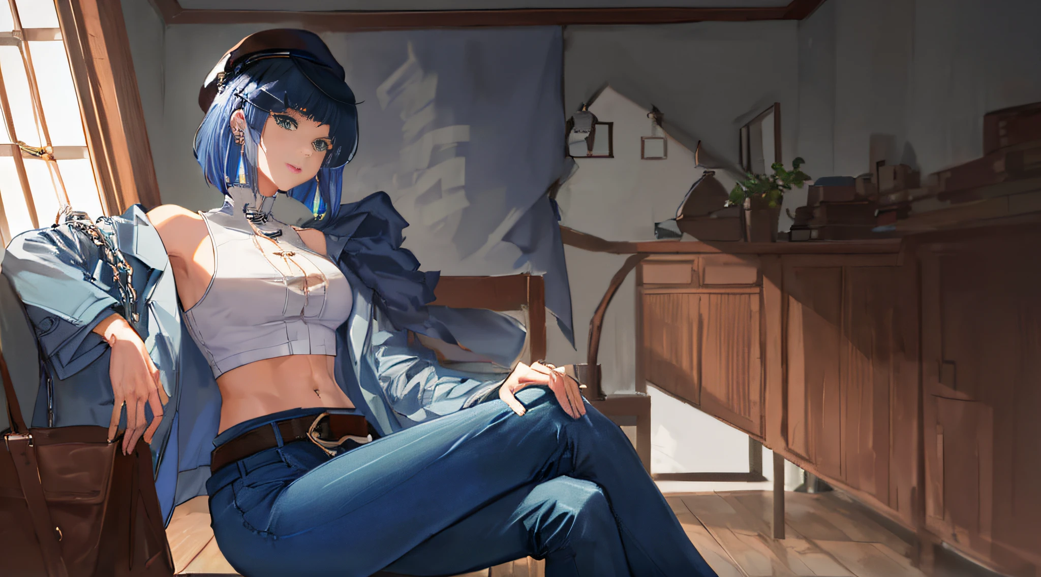 (mature female), (((good face, good eyes, beautiful face, good mouth, good nose, sparkling eyes))), (((stomach, nice belly, thin, toned, ribs, nice navel))), (((perfect anatomy))), ((anime girl, anime)), detailed background, highres, official art, (masterpiece, best quality, absurdres), ((((1girl, solo)))), ((extreme detail)), (ultra-detailed), (textured skin), (((very clear))), best quality, masterpiece, highres, blue hair, bob cut, breasts, chain, coat, crop top, diagonal bangs, earrings, green eyes, high collar, ((grey coat, blue pants, white shirt, black belt, buckle, black headwear)), jewelry, large breasts, long sleeves, looking at viewer, medium hair, midriff, pants, single earring, blue bag, open clothes, open jacket, sitting, hand on own hip, holding bag, holding, indoors, chinese traditional room, chinese style, bright room, sunny