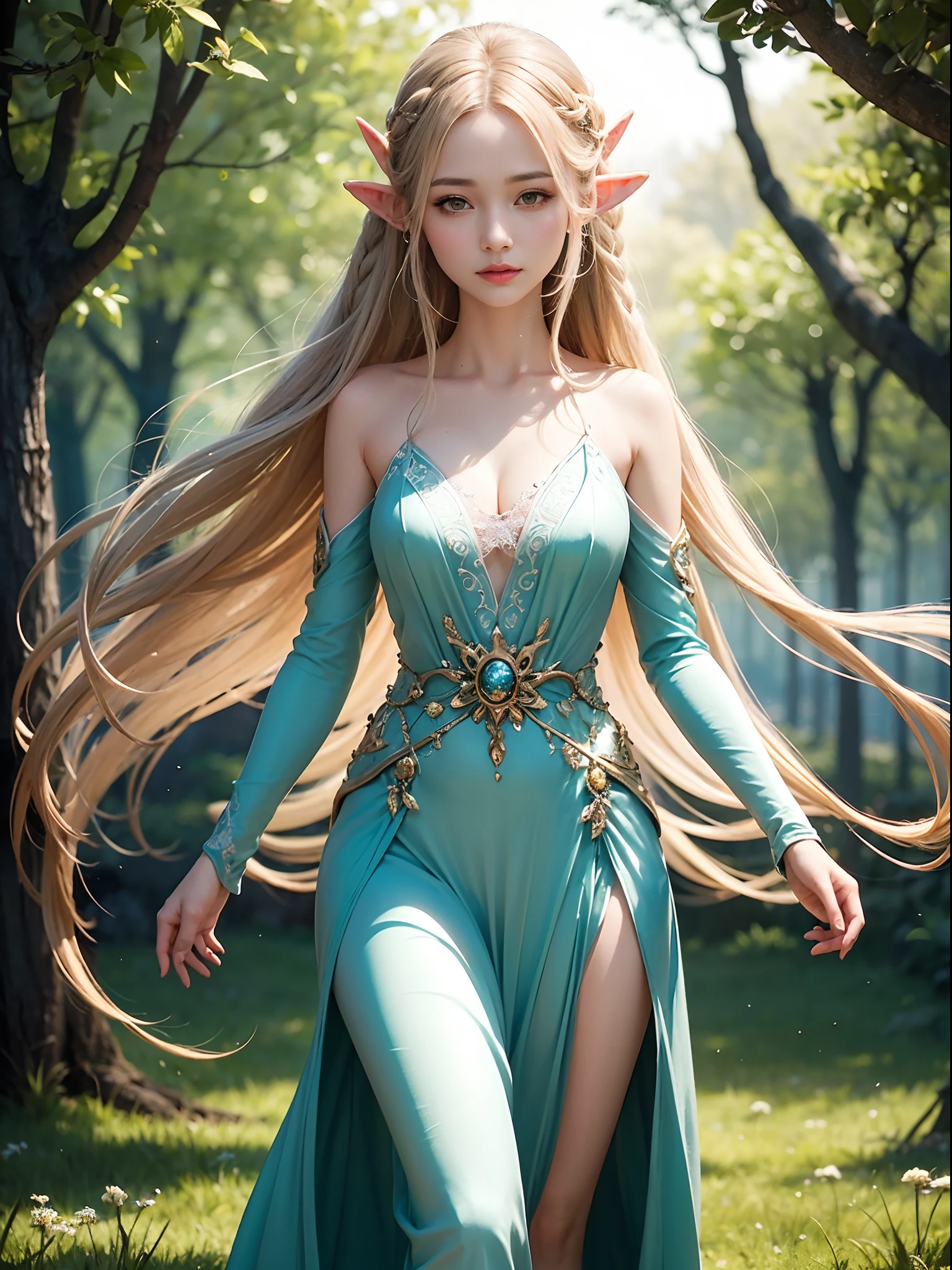 A graceful elf girl stands in a meadow, her delicate features illuminated by the soft light of the setting sun. Her long, flowing hair cascades down her back, adorned with intricate braids and adorned with sparkling jewels. This stunning painting captures the ethereal beauty of elves. Her slender figure in a silk dress sways in the soft meadow breeze. The artist's attention to detail is evident in the intricate patterns of her dress and the subtle highlights of her luminescence. skin. This breathtaking depiction of an elf girl exudes a sense of enchantment and transports the viewer to a magical world. The beautiful elf magician is awe-inspiring as she holds a magician's staff, uses fireball magic, and is about to defeat the Demon King with explosion magic., If you pull up your skirt, you can see your see-through panties and it will be embarrassing.